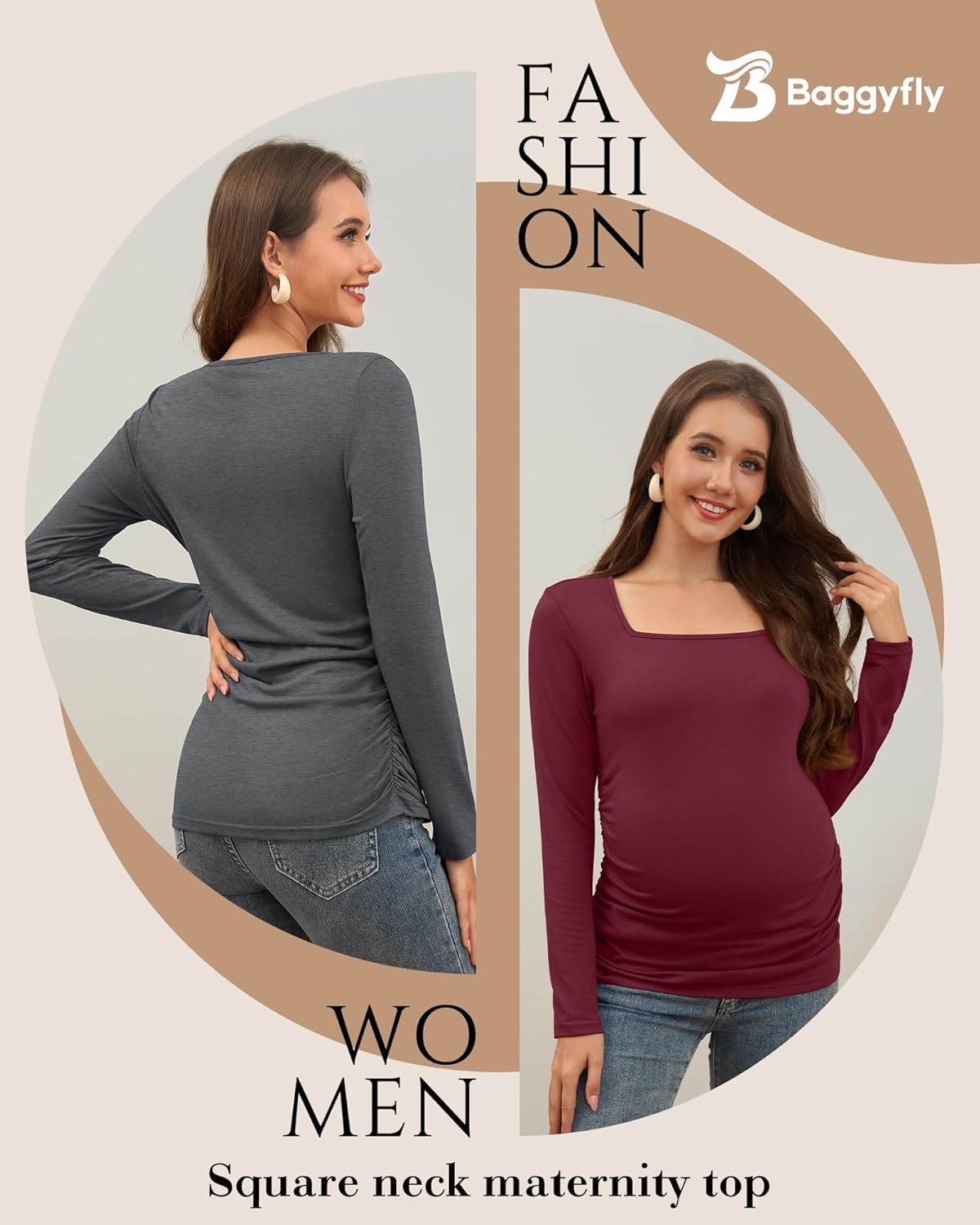 3 Pack Women's Maternity Shirts Long Sleeve Side Ruched Pregnancy Tops Square Neck Basic Tunic Knit Mama Clothes - Image 3