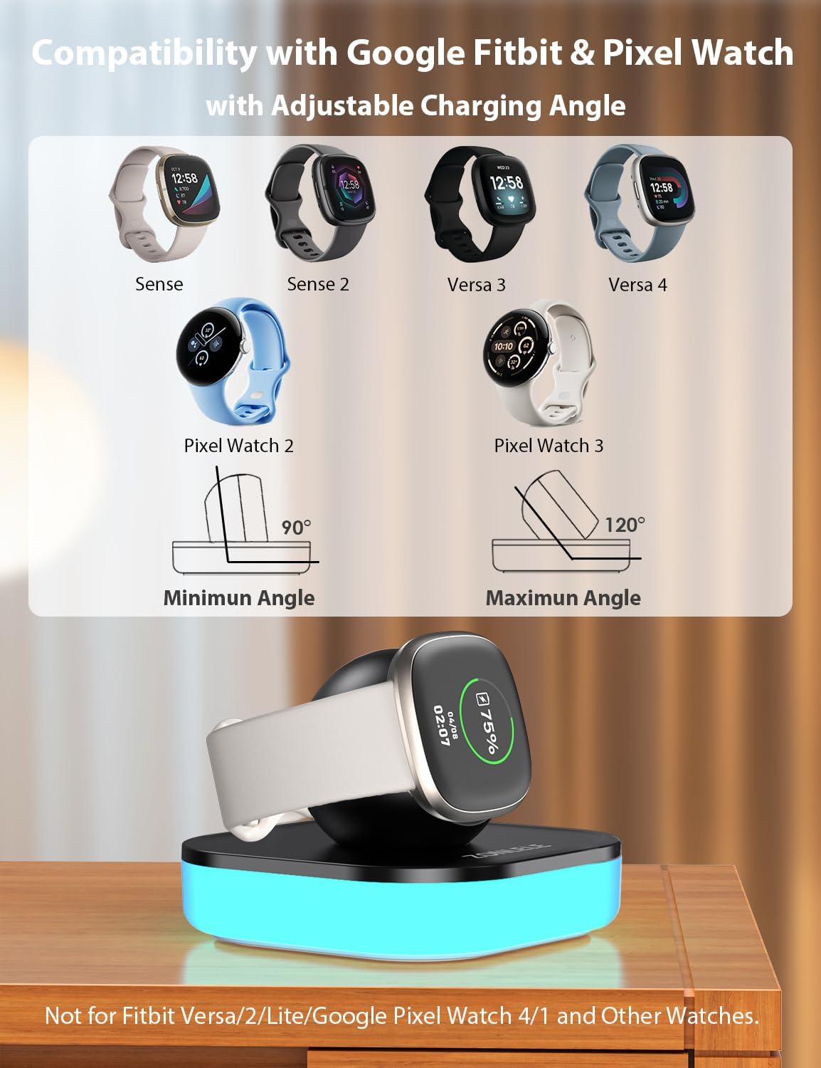 Charger Stand Dock for Fitbit Versa 4/ Fitbit Versa 3/Fitbit Sense 2/Fitbit Sense/Google Pixel Watch 3/Google Pixel Watch 2, Magnetic Charging Replacement Accessories with Light & 3.3FT USB A-C Cable