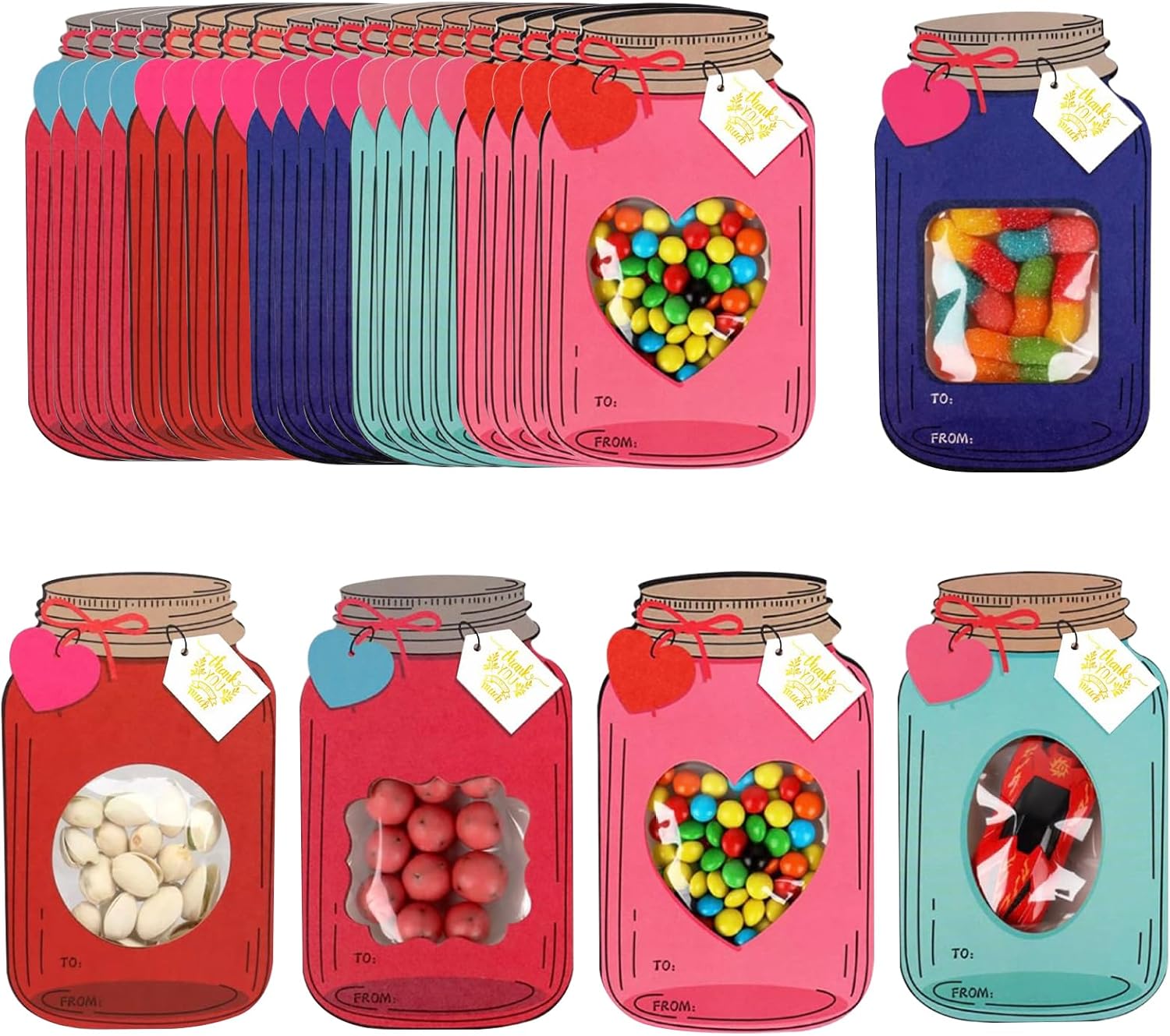 50 Pack Happy Valentine's Day Mason Jar Cards, Candy Cards with Treat Bags