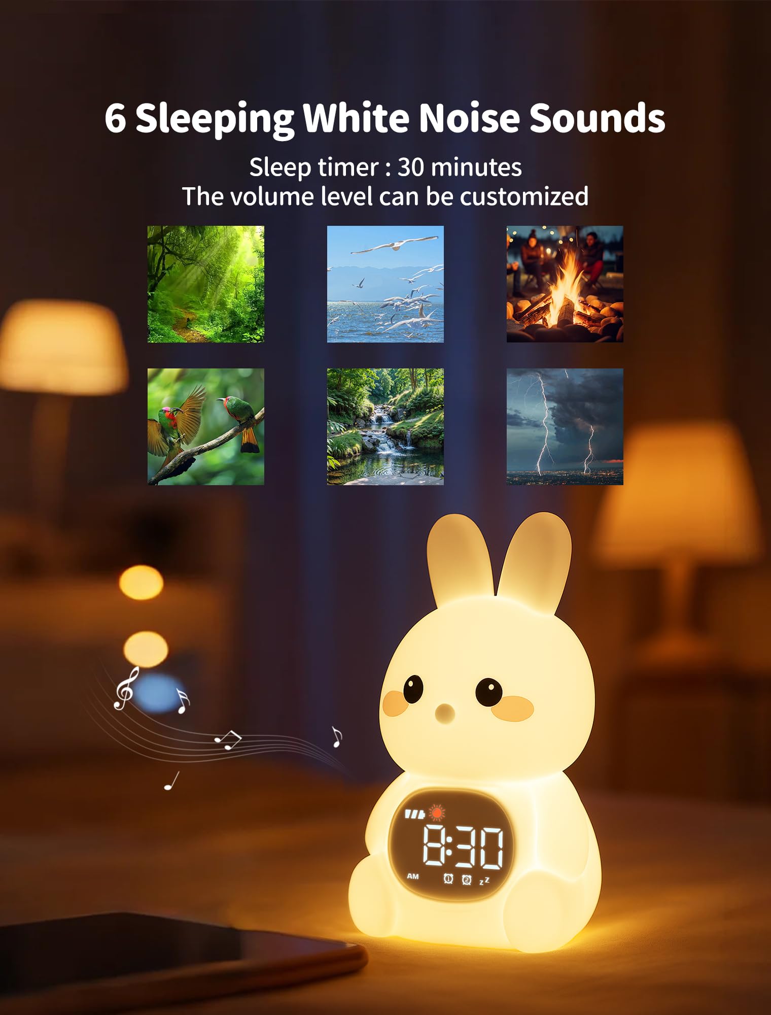 MASHI Reloj despertador de conejo, reloj de entrenamiento para dormir con sol y luna, máquina de sonido para dormir, luces nocturnas, reloj despertador para niños, ideas para niños