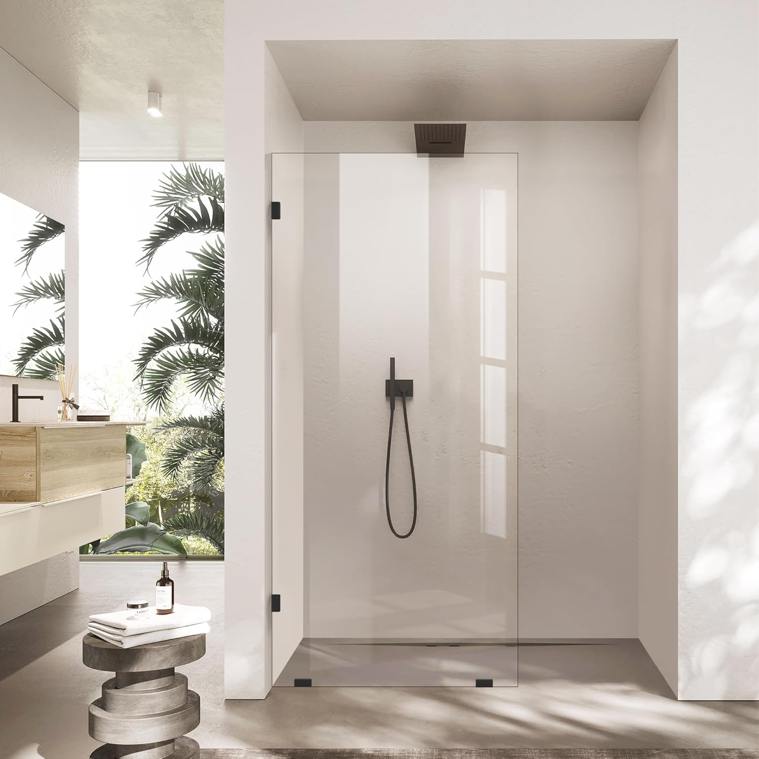 Shower Door 32 * 78 Inch, Bathroom Frameless Fixed Shower Glass Panel Door with 4PCS Clamps, 3/8"(10MM) Thick Clear Tempered Glass Door, Matte Black