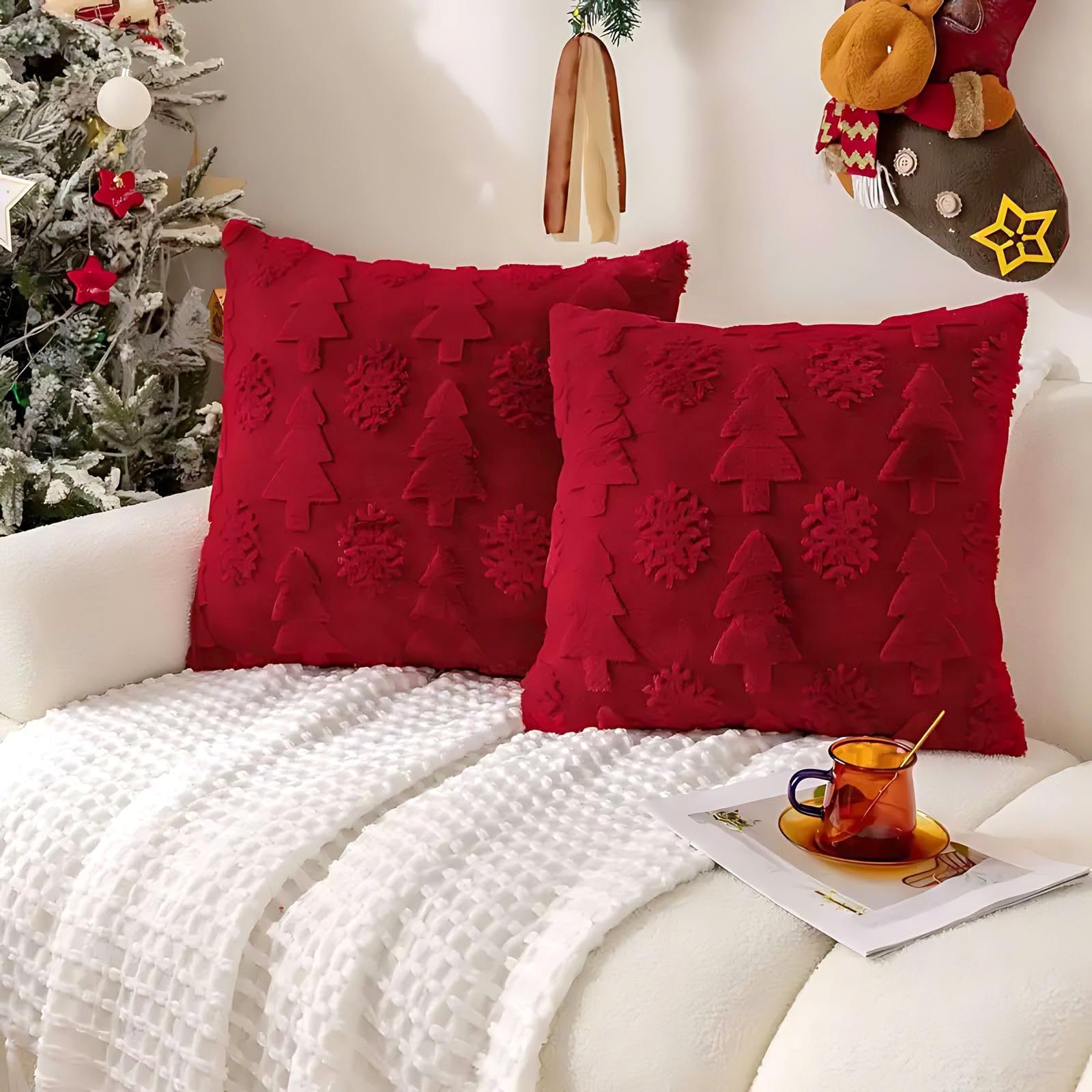 Juego De 2 Fundas Cojines Navidad 45x45cm, Blanco Funda Cojines NavideñOs, Forro Polar Coral Copo De Nieve Y áRbol Funda Cojin Navidad Para La DecoracióN NavideñA Del Sofá Cama En La Sala (Rojo)