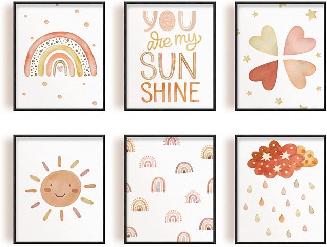 SUPERDANT 6 PCS You Are My Sunshine Canvas Wall Art Unframed Print Heart Rainbow Wall Art Boho Wall Art Decor Girls Room Decor Boho Sunshine Nursery Decor for Baby Kids Room Decor