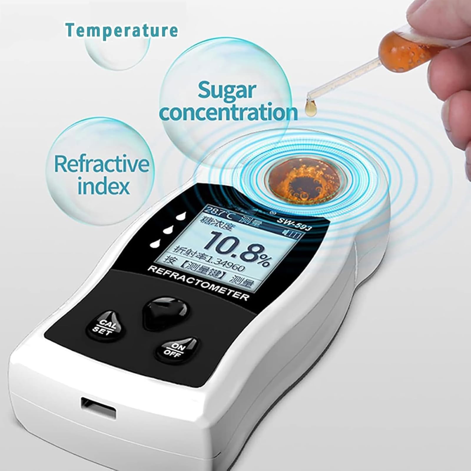 MObyat Refractómetro Azúcar con Pantalla a Color, Detector De Azúcar De Frutas, Puede Medir: 0~50% Brix/Precisión: ±0.2% Brix/Resolución: 0.1% Brix/±1°C/Compensación Temperatura: 10~40°C/medición 5s