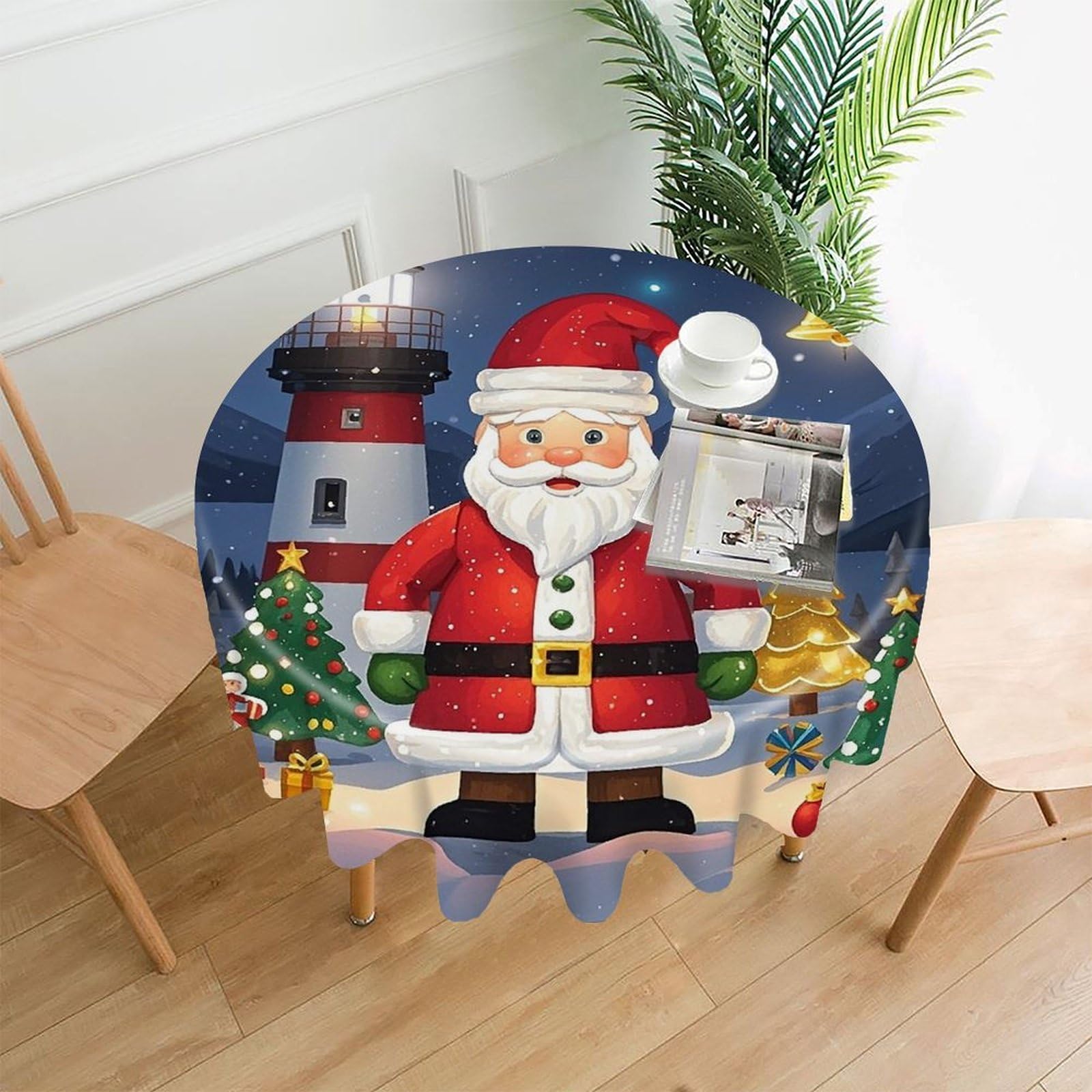 FekiLoot Lighthouse Santa Tablecloth Decorative Round Table Cloth Wrinkle Resistant Washable Circle Table Cover Round Tablecloth for Picnic Party Camping Dining 60 Inch