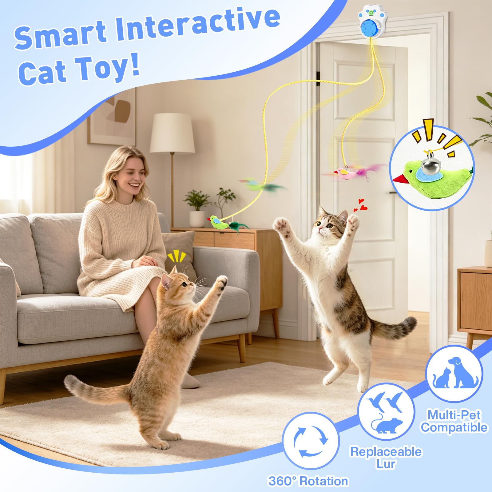 DoubleCare Juguetes interactivos para gatos de interior, juguete automático de plumas de pájaro volador para gatitos aburridos y gatos adultos, manos libres o de mano, azul