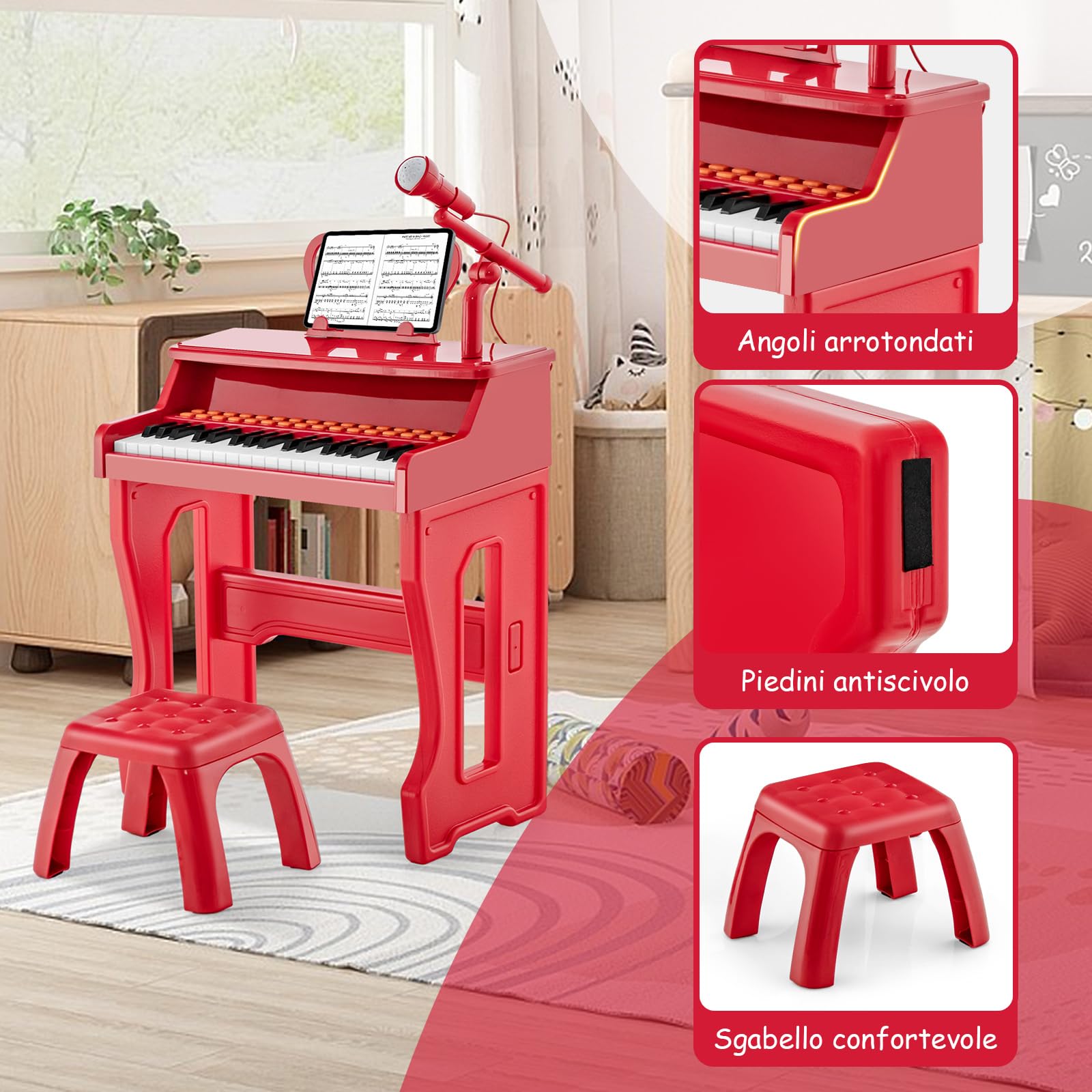 COSTWAY Set Pianoforte Elettrica a 37 Tasti, Tastiera Digitale con Microfono Regolabile, Supporto Rimovibile, Funzioni di Record e Playback, Pianoforte Giocattolo per Bambini 3+Anni (Rosso)