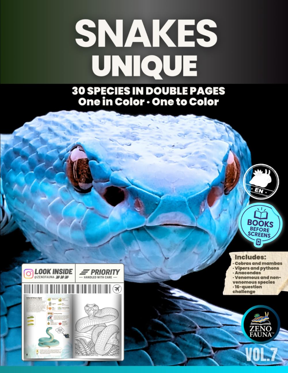 Snakes – Unique: 30 Species in Double Pages · One in Color · One to Color (Unique Animals)