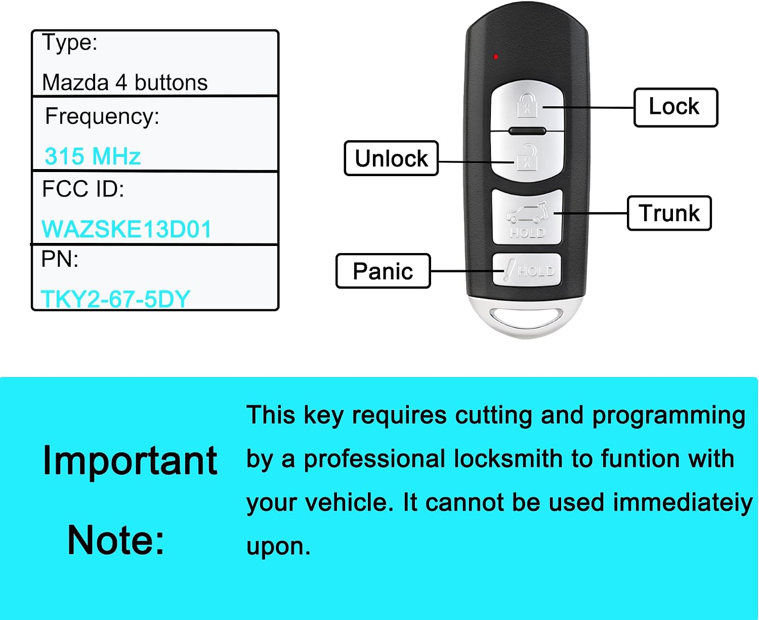 Keyless Entry Remote Control Smart Key Fob for Mazda CX-5 CX-9 2016-2019 | YIKEBALOG 4-Buttons Proximity Key Fob Replacement for Mazda CX-5 CX-9 2016-2019 WAZSKE13D01 TKY2-67-5DY
