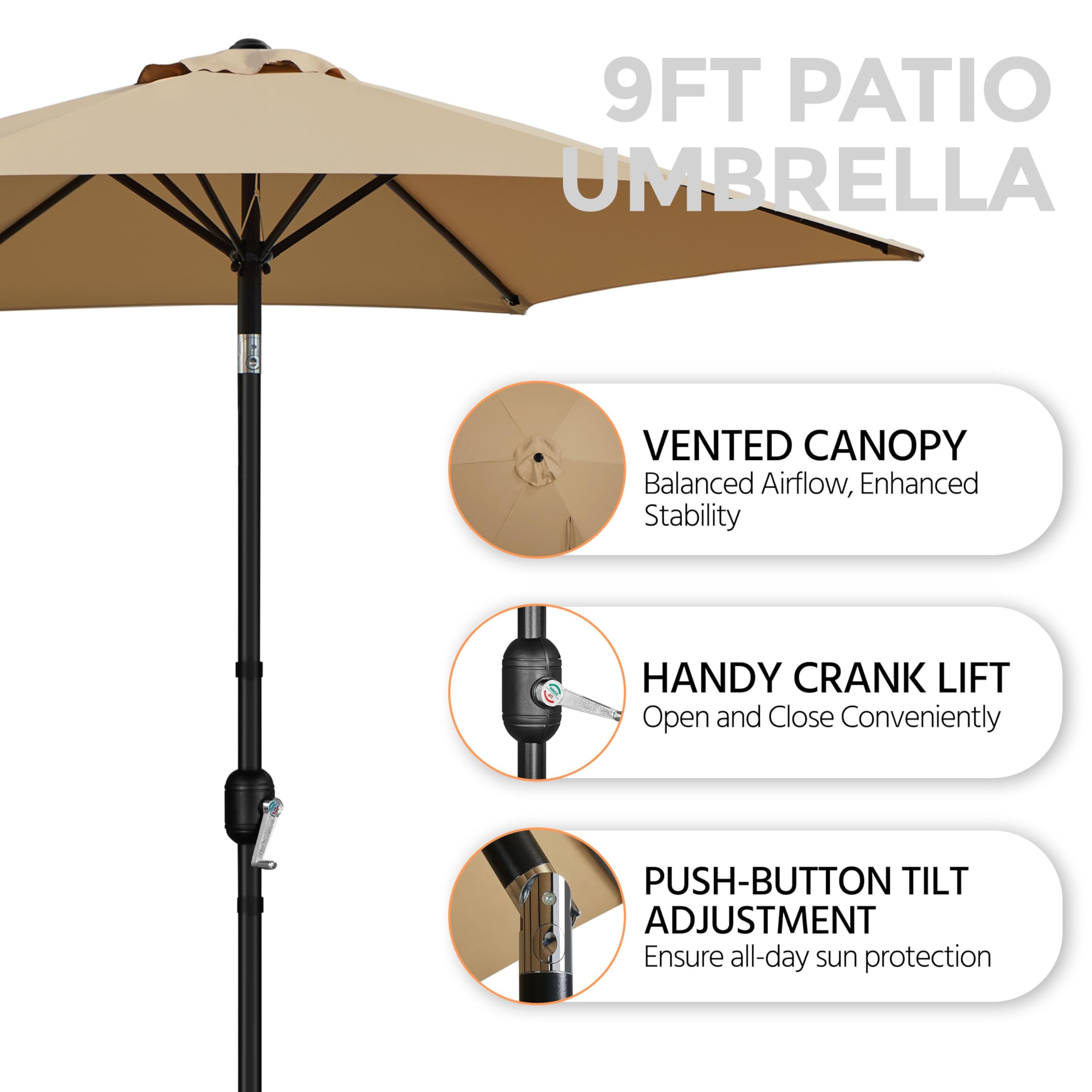 Sombrilla de patio, sombrilla de mesa para exteriores de 9 pies con varillas resistentes, botón de inclinación y manivela para piscina, patio, jardín, terraza 4