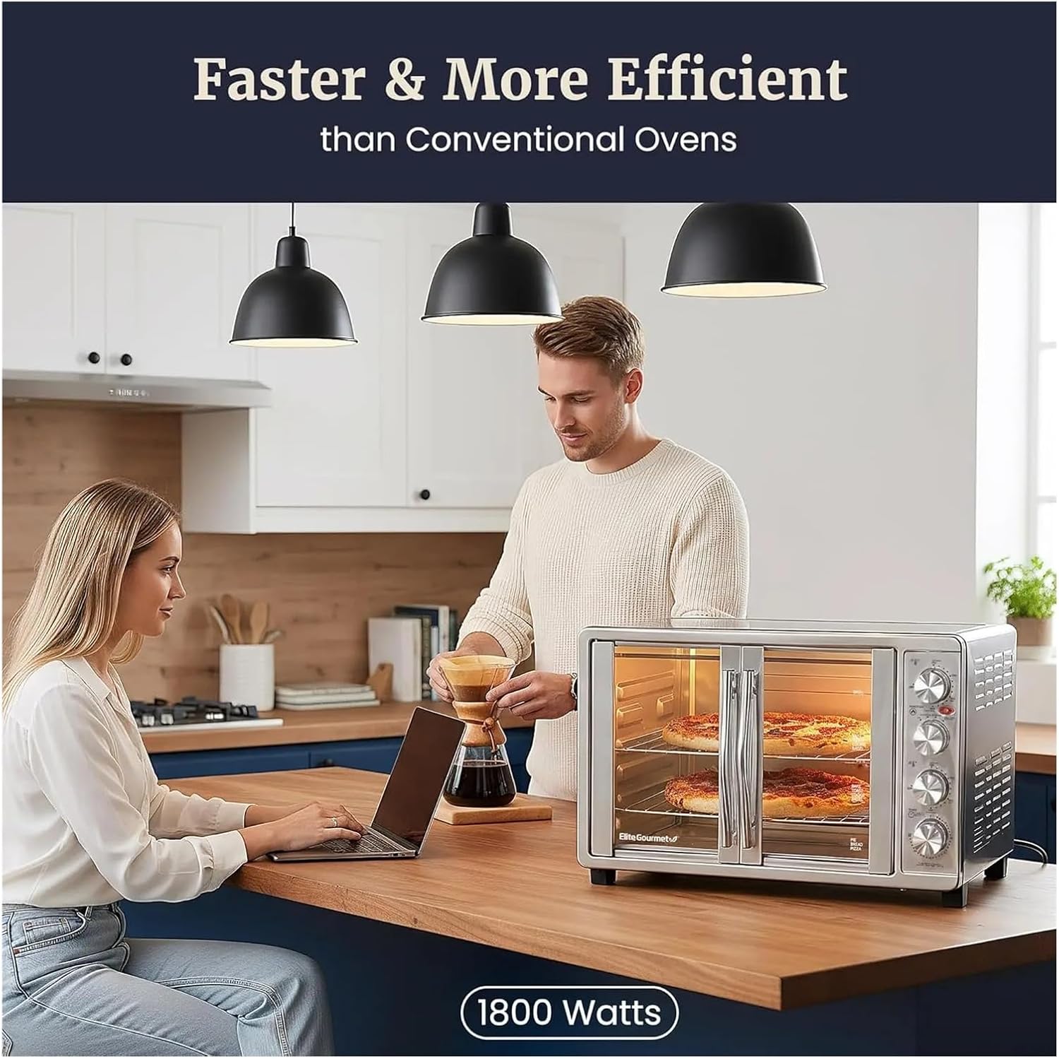 French Door 47.5Qt Convection Oven, 18-Slice, 4-Control Knobs, Bake Broil Toast Rotisserie Keep Warm, 2 x 12' Pizza Racks