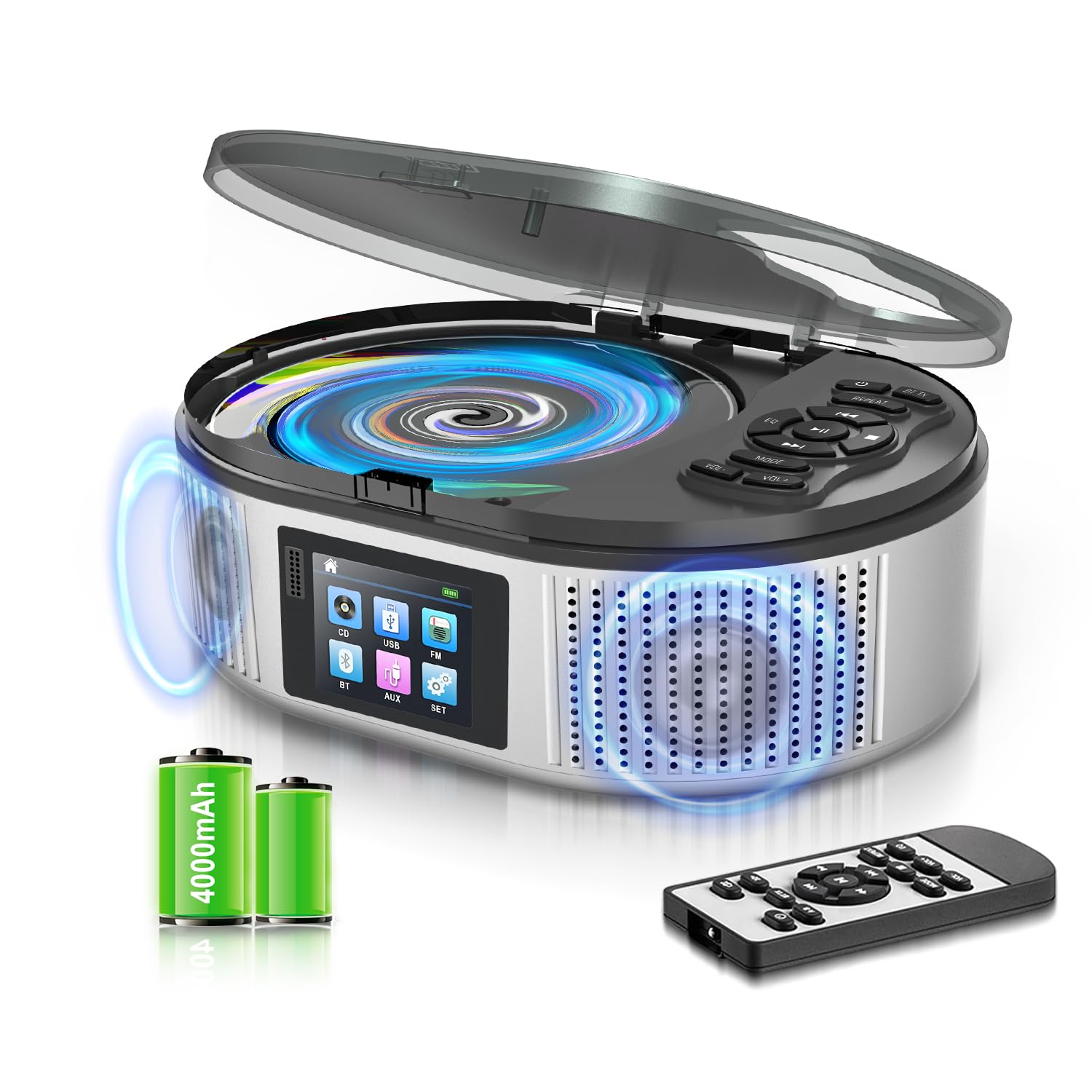 Lecteurs CD Portable Bluetooth 5.3 avec Double Haut-Parleur Stéréo, 4000mAh Rechargeable Lecteur CD Bluetooth contrôle à Distance, écran LCD, Prise en Charge Radio FM/USB/AUX Lecteur CD Portable