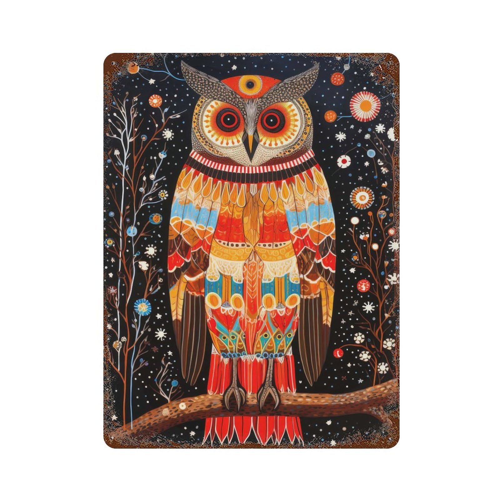 Rustic Tin Plaque Wise Owl Tribal Style 17 15.7"x11.8", Rustic Home Decor for Office, Studio And Wall Decor