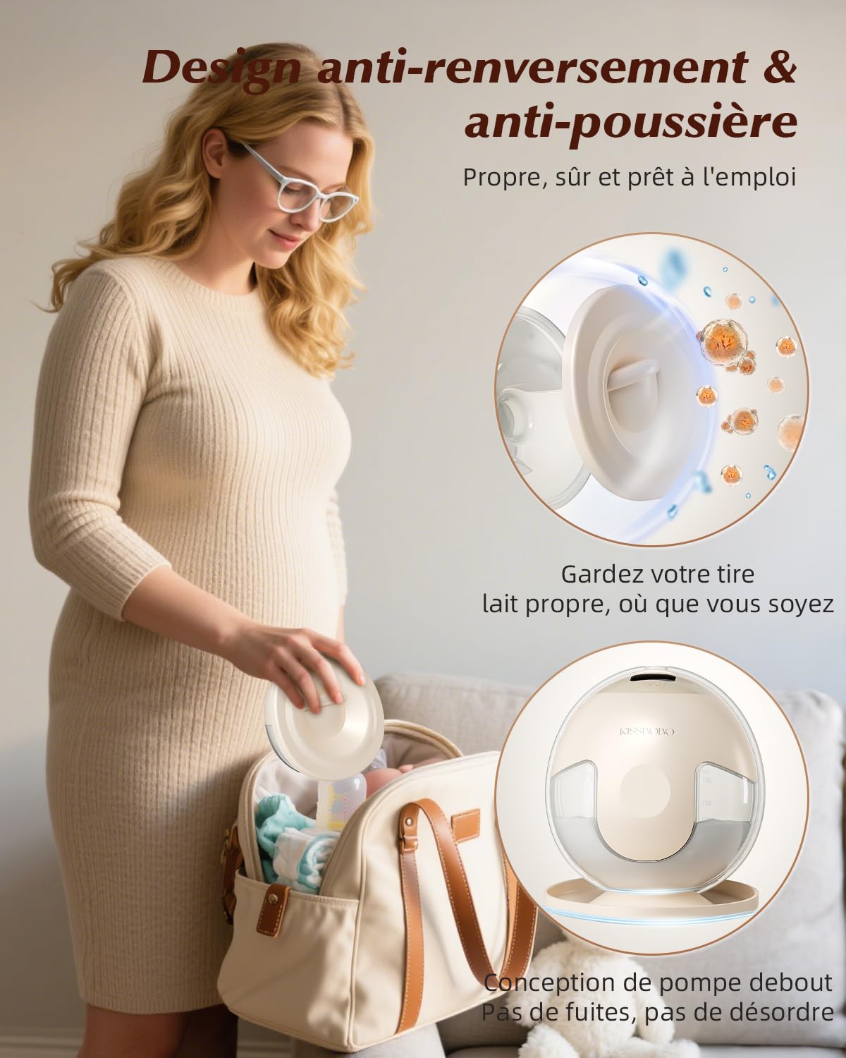KISSBOBO K5 Tire-lait Électrique Mains Libres, 4 Modes 19 Niveaux, 280mmHg, Crème/2PCS