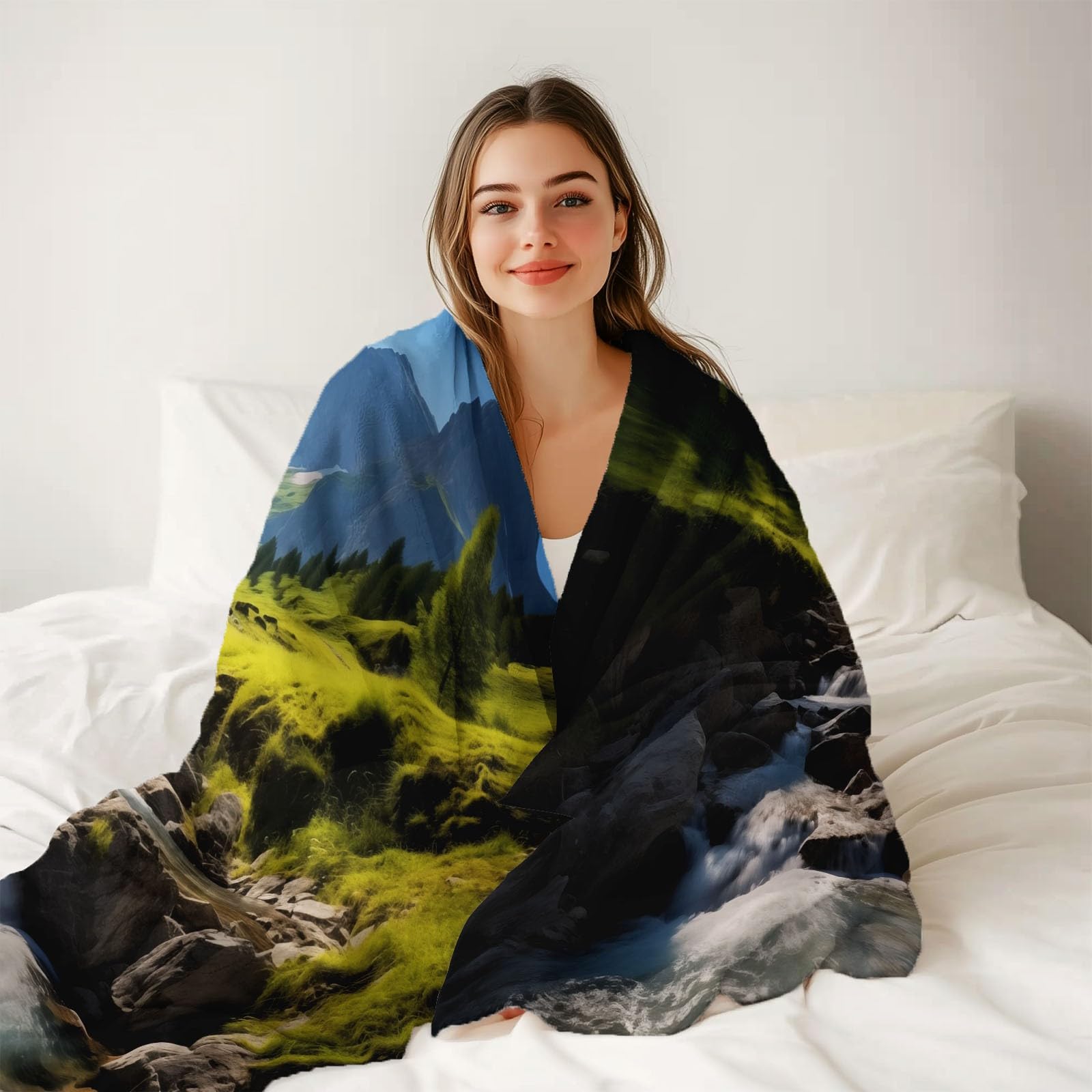 Koc polarowy 200 x 220 cm naturalny wodospad góry, ciemnozielony flanelowy koc polarowy dla 2 osób, z nadrukiem, miękki i ciepły na sofę