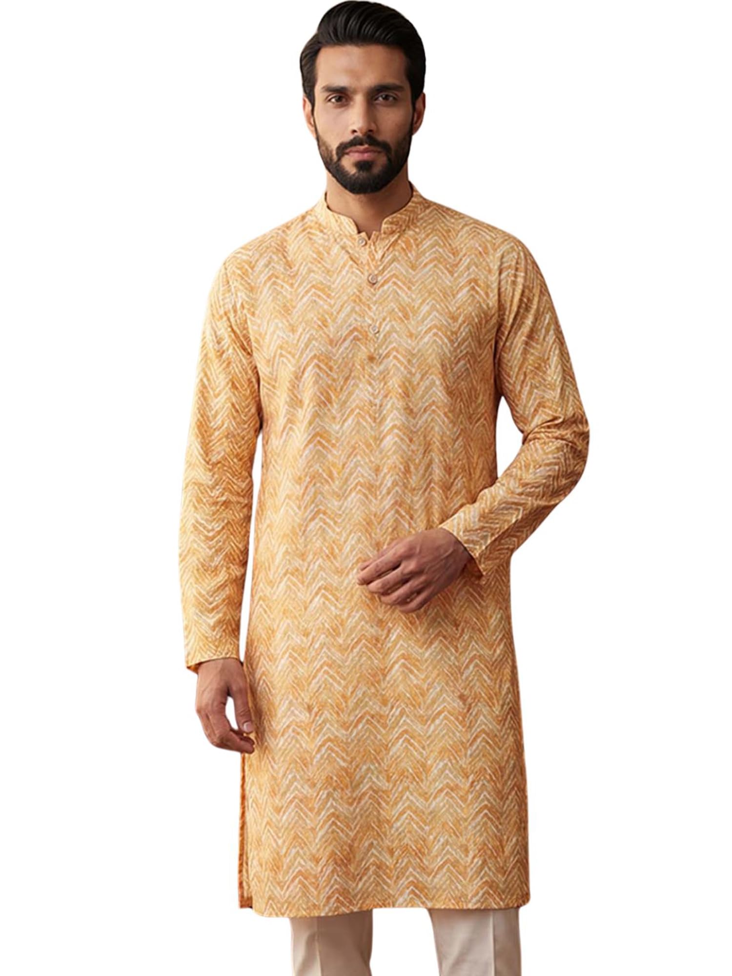 Men's Yellow Cotton Blend Embroidered Chevron Calf Length Kurta Set | Men | Chevron KurtaS set For MenS | Straight Fit Kurta sets For Men'S-image-16