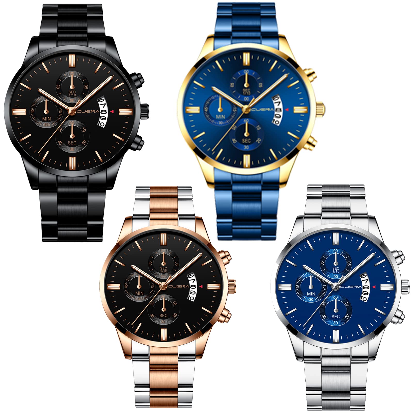 yunanwa4 Pack Men's Watches Luxury Casual Dress Business Waterproof Military Quartz Wristwatches for Men Stainless Steel Band Gold Black Blue Silver Wholesales Set Assorted