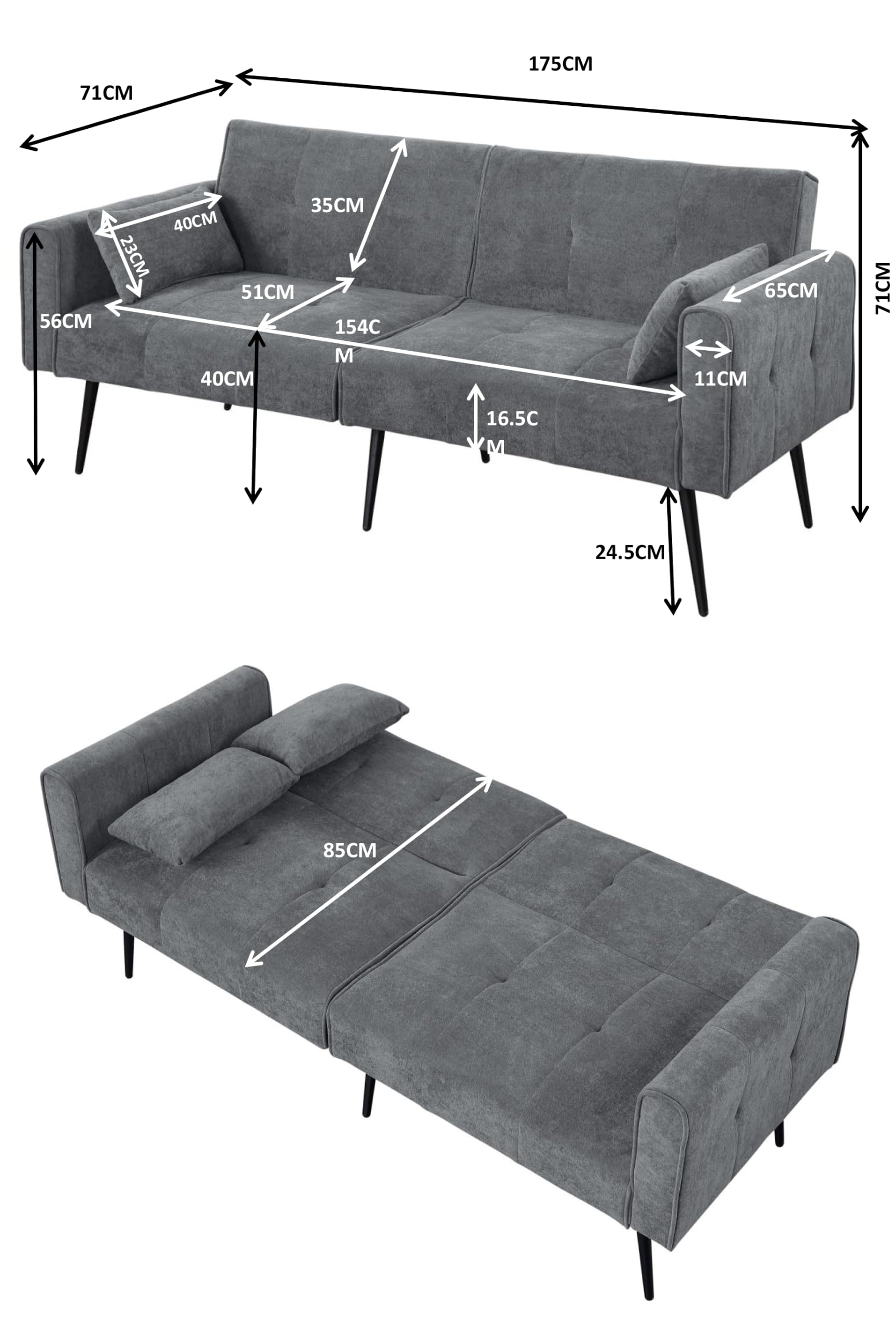 Divano letto futon a 3 posti in tessuto a coste per soggiorno e piccoli spazi (grigio)
