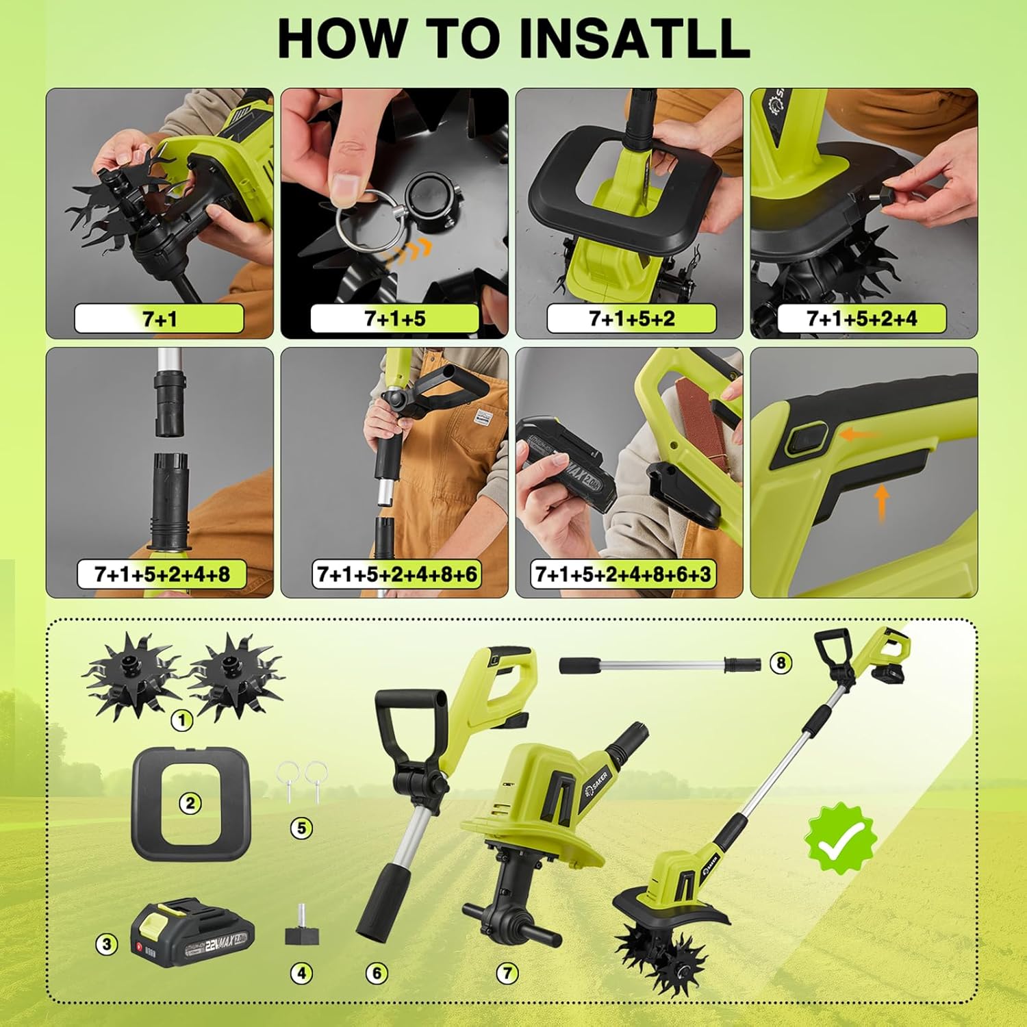 Saker 22V Cordless Electric Garden Tiller Cultivator, Lightweight Rototiller for Gardening, 9-Inch Tilling Width, 6.3-Inch Depth for Soil Preparation, Weeding, and Gardening 2 Batteries SK-TC18B