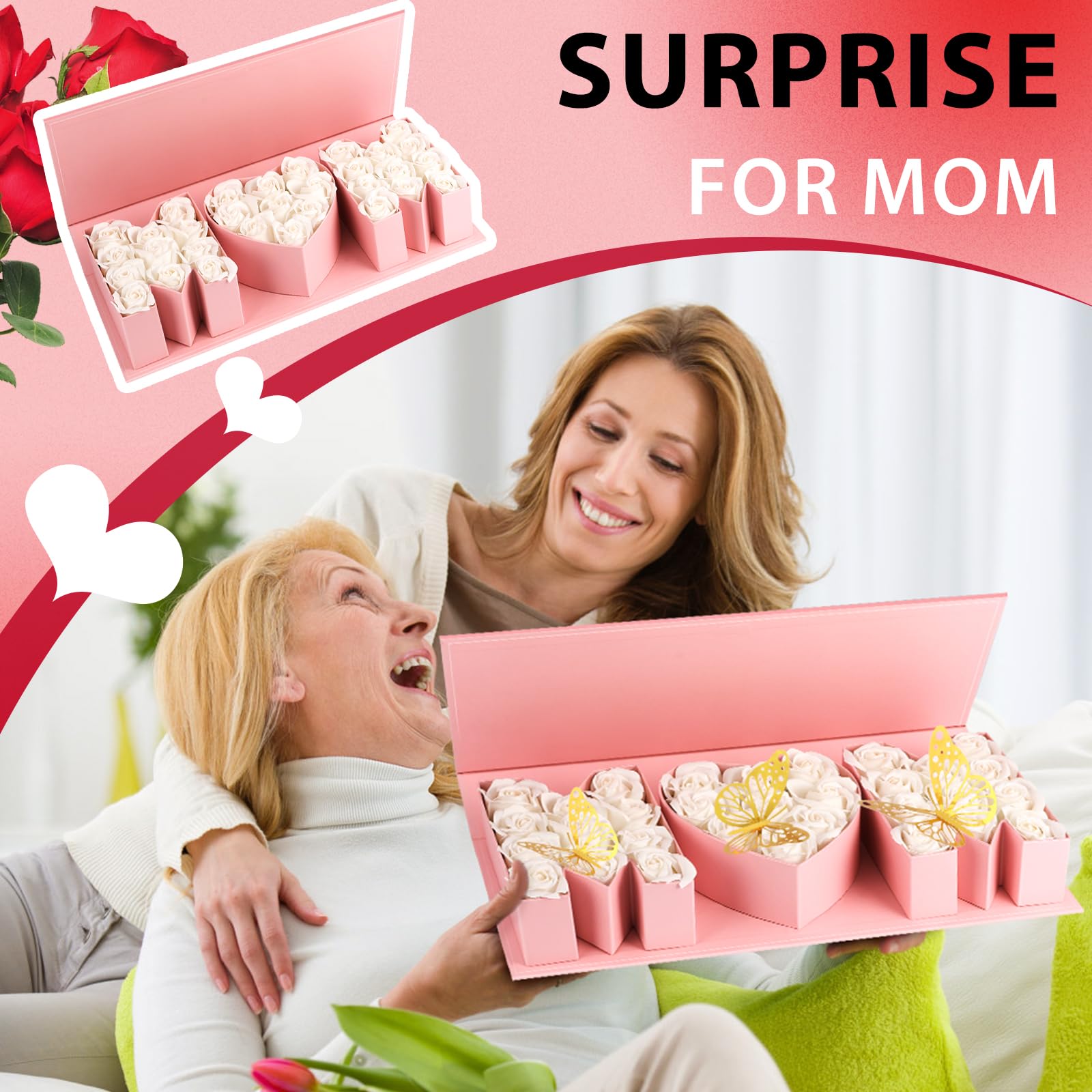 PYQTH 4 Pack Empty Flower Gift Box for Mom, Mothers Day Mom Box for Flowers Thicker Letter Shaped Gift Boxes Fillable Chocolate Candy Packaging Boxes for Mother's Day Birthday (Pink)