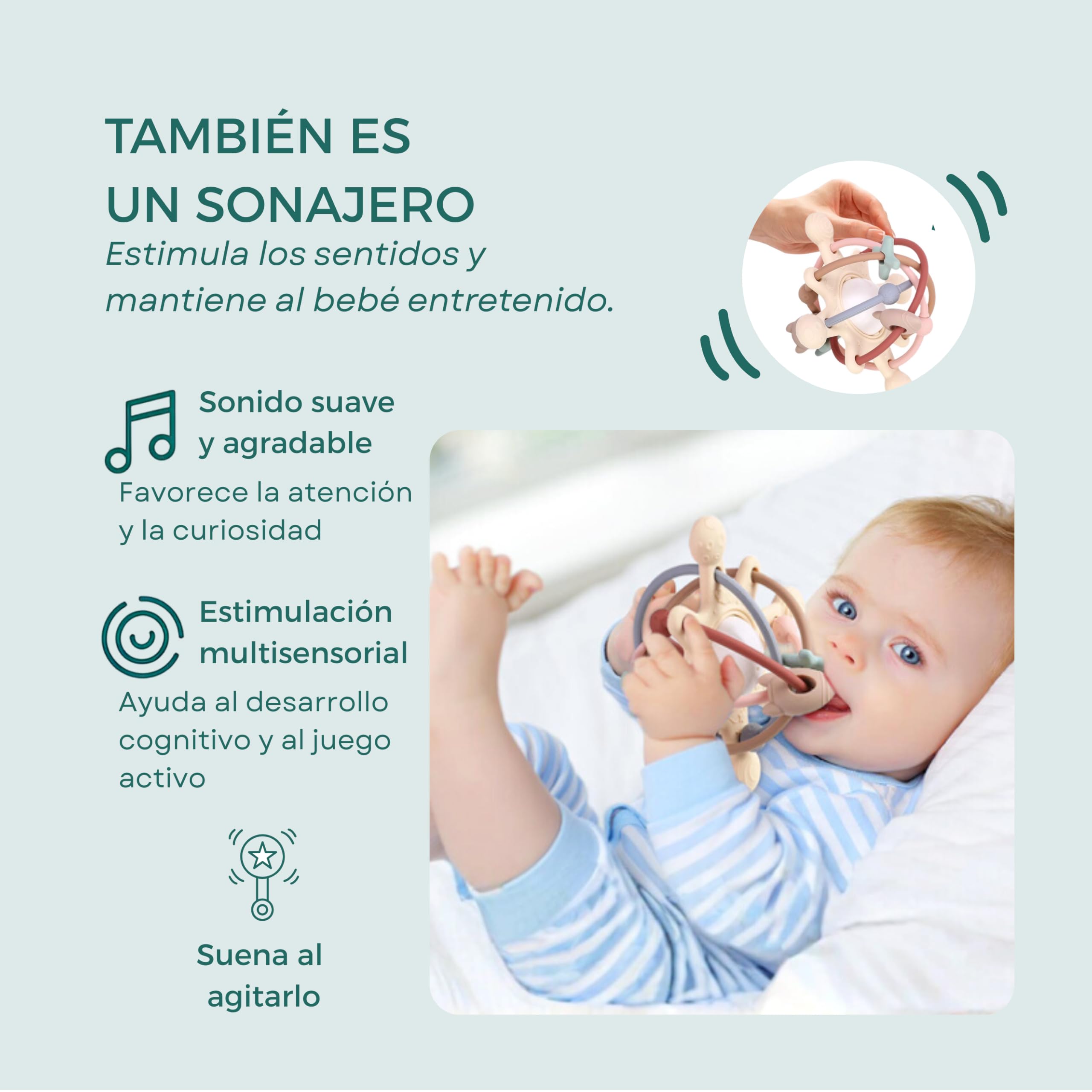 Colifree - Mordedor bebé sonajero, blandito y de fácil agarre, juguete denticion a partir de 3 meses, silicona segura libre de BPA, diseño ergonómico y con texturas — view 3