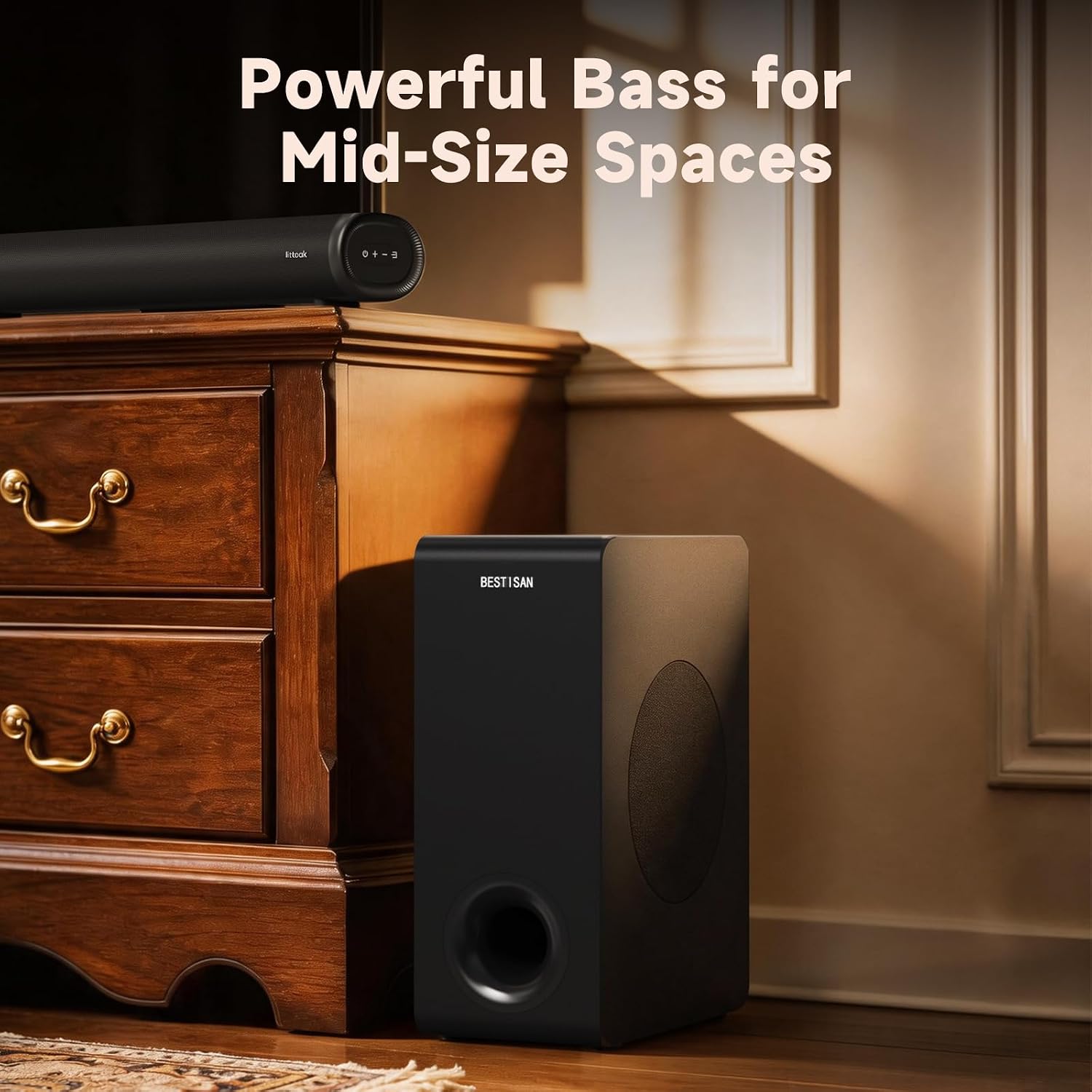 BESTISAN Basscore Powered Subwoofer, 6.5’’ Side-Firing 60W Sub, Class-D Amp, Subwoofers for Receiver/Home Theater System, Auto On/Off, RCA, LFE, AUX Input, High-Level Speaker Input & Output