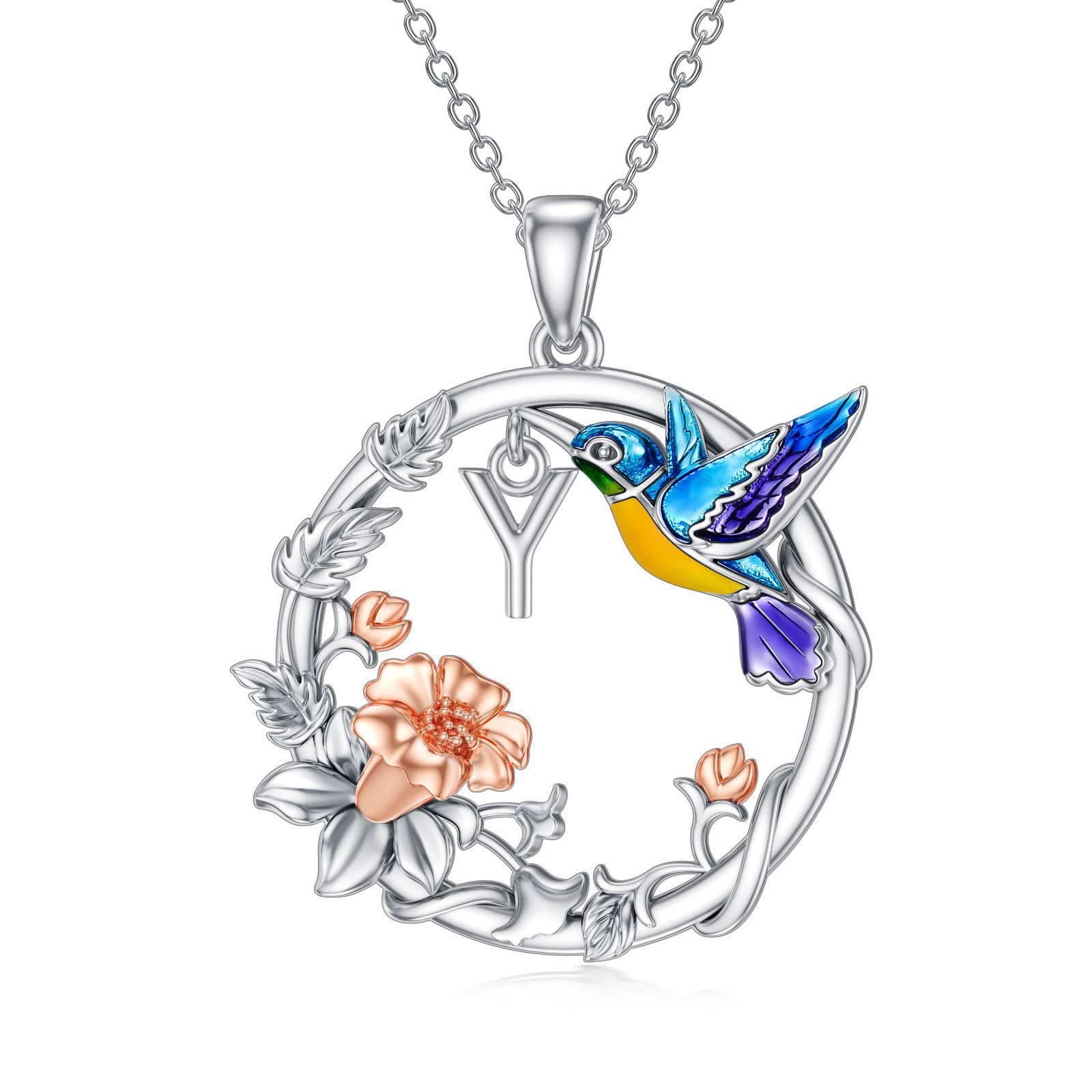 SLIACETE Collar con colgante de piedra natal de colibrí para mujeres y niñas, plata de ley 925, letra inicial de colibrí/piedra natal, collar con colgante de buena suerte, joyería de regalo