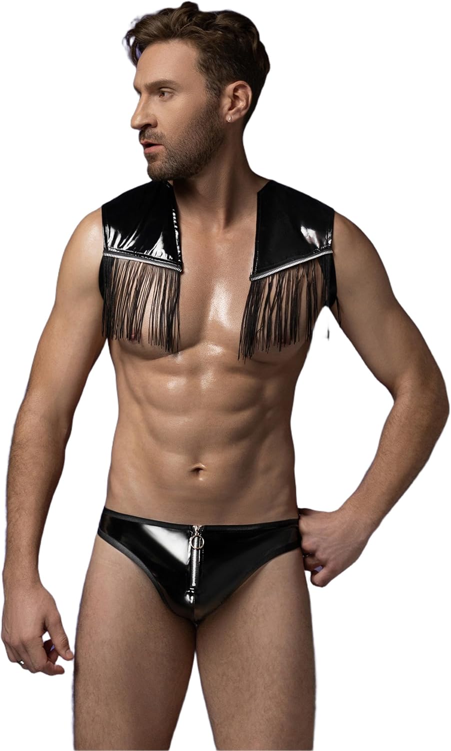 Men's Sexy Faux Leather Fringe Harness Set, Shiny Metallic Crop Top Shoulder Shrug with Zipper Thong G-String, Gay Clubwear Dance Costume Outfits