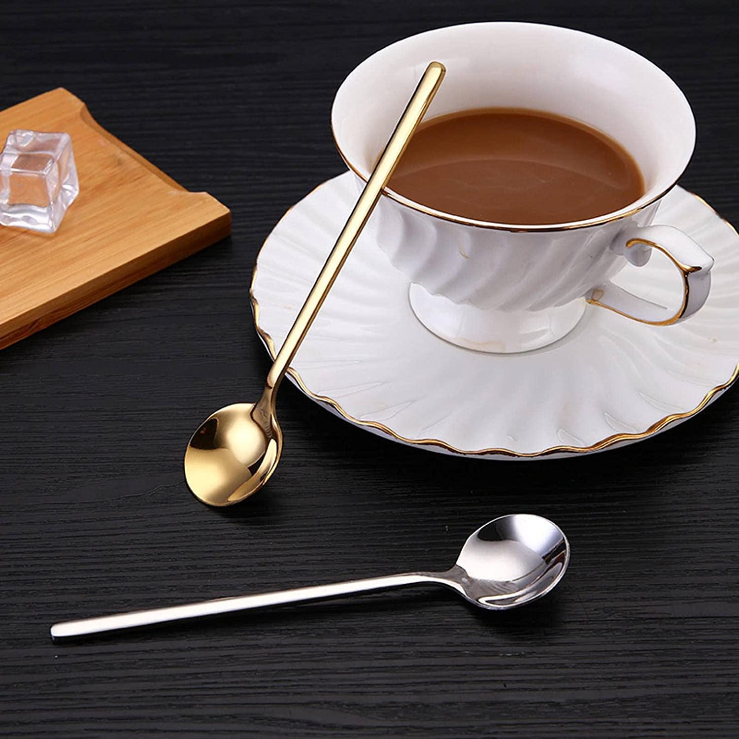 Löffel Restaurants Langer Griff Rührer Löffel Bunte Edelstahl Tee Kaffee Cocktail Mischlöffel Eislauflöffel, 12 Stück Esslöffel Hause(12pcs Rosegold Spoon,13cm)