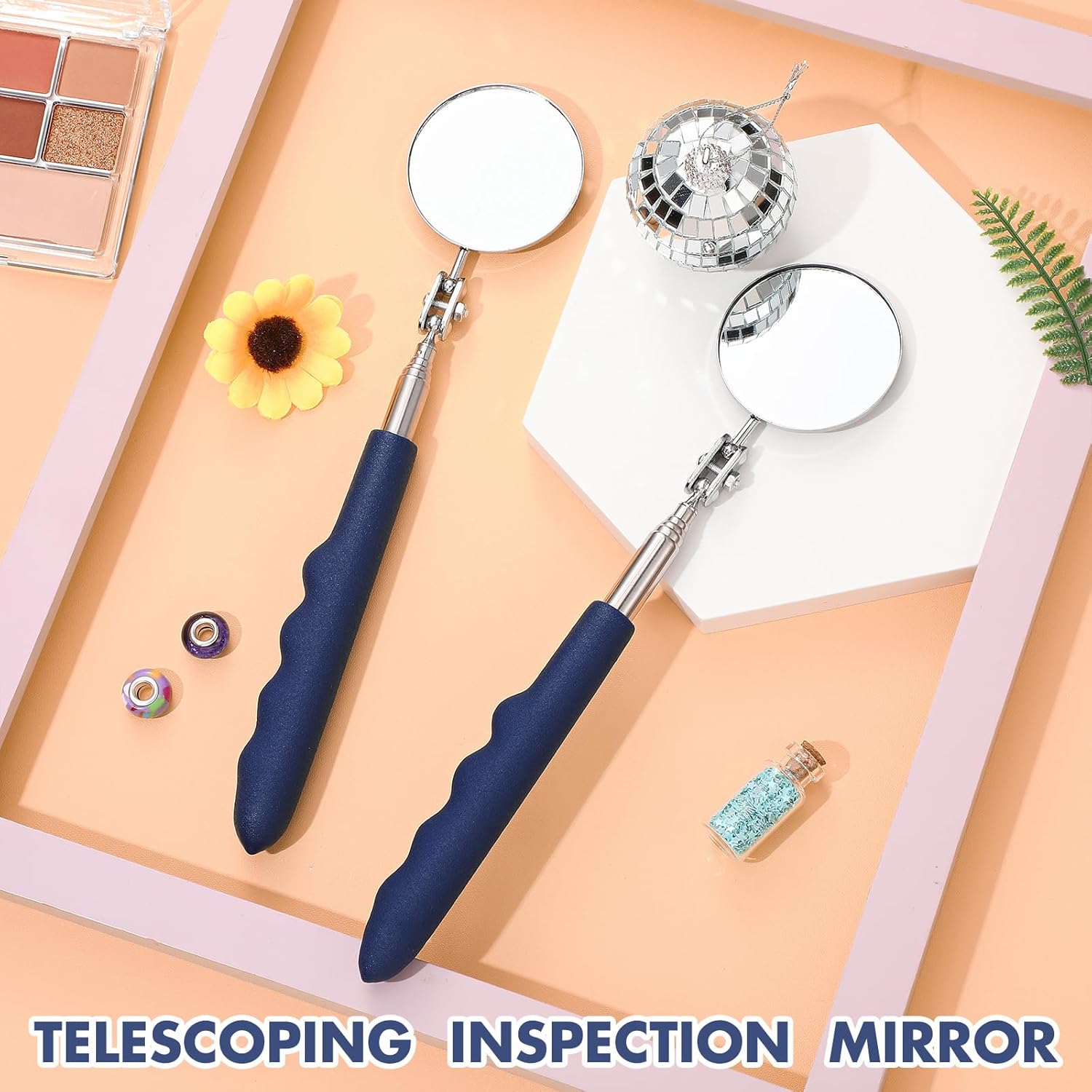 Copkim Telescoping Inspection Mirror, 29 Inch Mechanics Mirror Tool with Long Handle, Round Extendable Mirror on a Stick for Technicians Mechanics Contractors Checking Observation(Red, 2 Pcs)