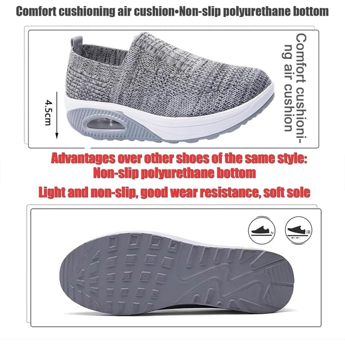 Tenis ortopédicos para mujer, cómodos zapatos de plataforma con parte inferior basculante, zapatos para caminar, con cojín de aire, zapatos para caminar, soporte de arco, tenis ligeros de cuña de