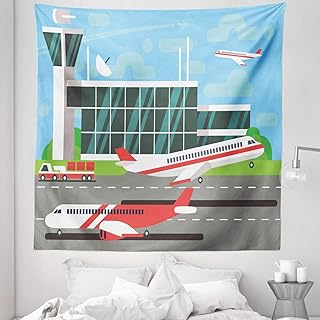 Ambesonne Airport Tapestry Queen Size, Air Trip Themed Simplistic Cartoonish Illustration of Runway Departure Plane, Wall Hanging Bedspread Bed Cover Wall Decor, 88" X 88", Multicolor
