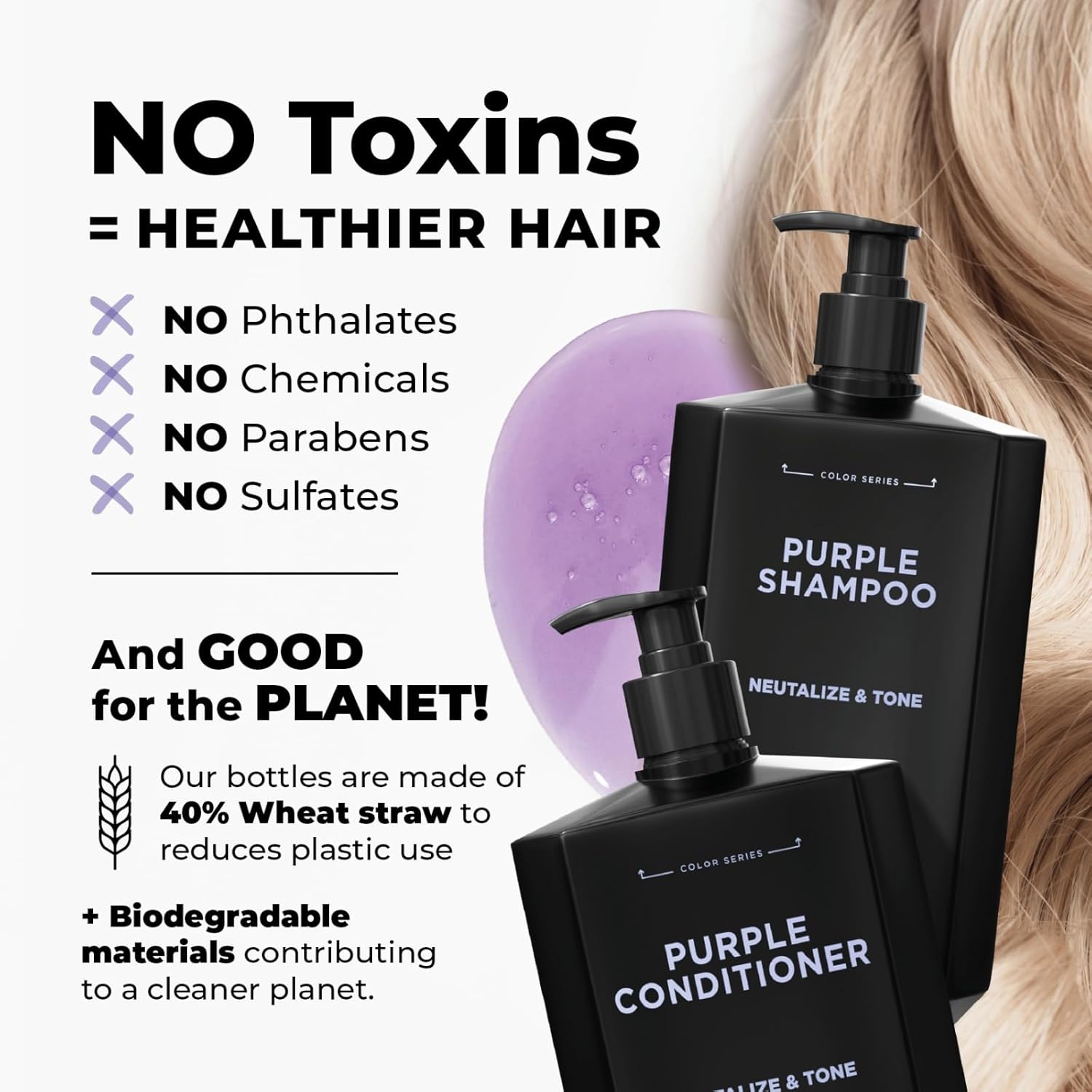 Purple Shampoo and Conditioner for Blonde Hair Women & Men – Blonde & Silver Hair Toning – Anti-Brass Sulfate Free Shampoo and Conditioner - 17 fl oz