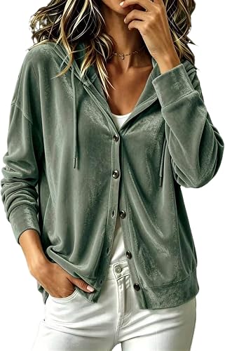 Vividcrate Velvet Cardigan Hoodies for Women Long Sleeve Button Hood Shirt for W