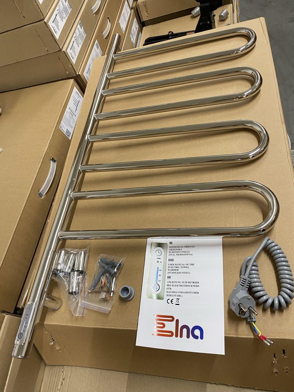 Elna grzejnik elektryczny, 102 x 46 cm, 125 W, suszarka na ręczniki, czarna, 4 obrotowe drążki, montaż ścienny, termostat i timer, IP44