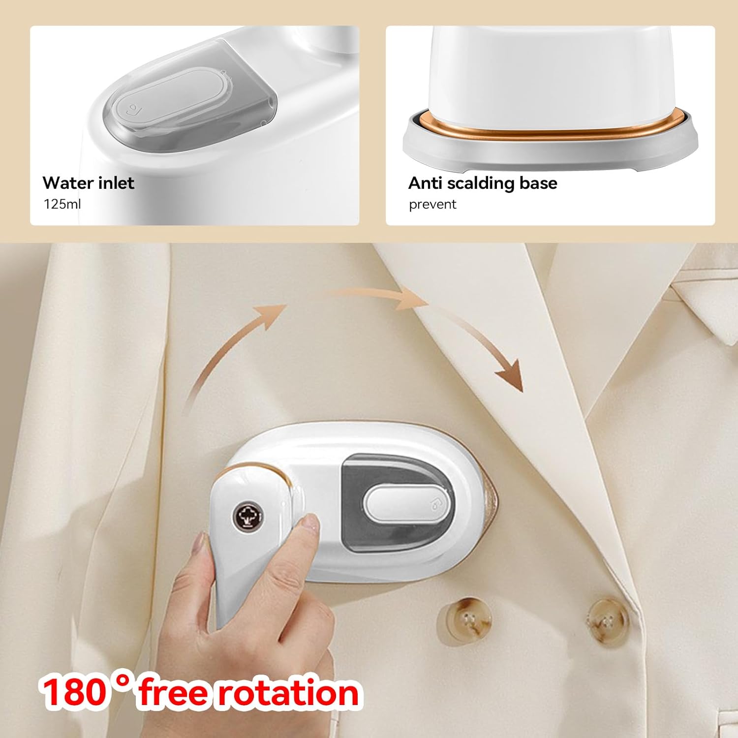 2-in-1 Handheld Garment Steamer and Iron, 1100W, 125ML Tank, 3 Temperature Settings, White/Gold