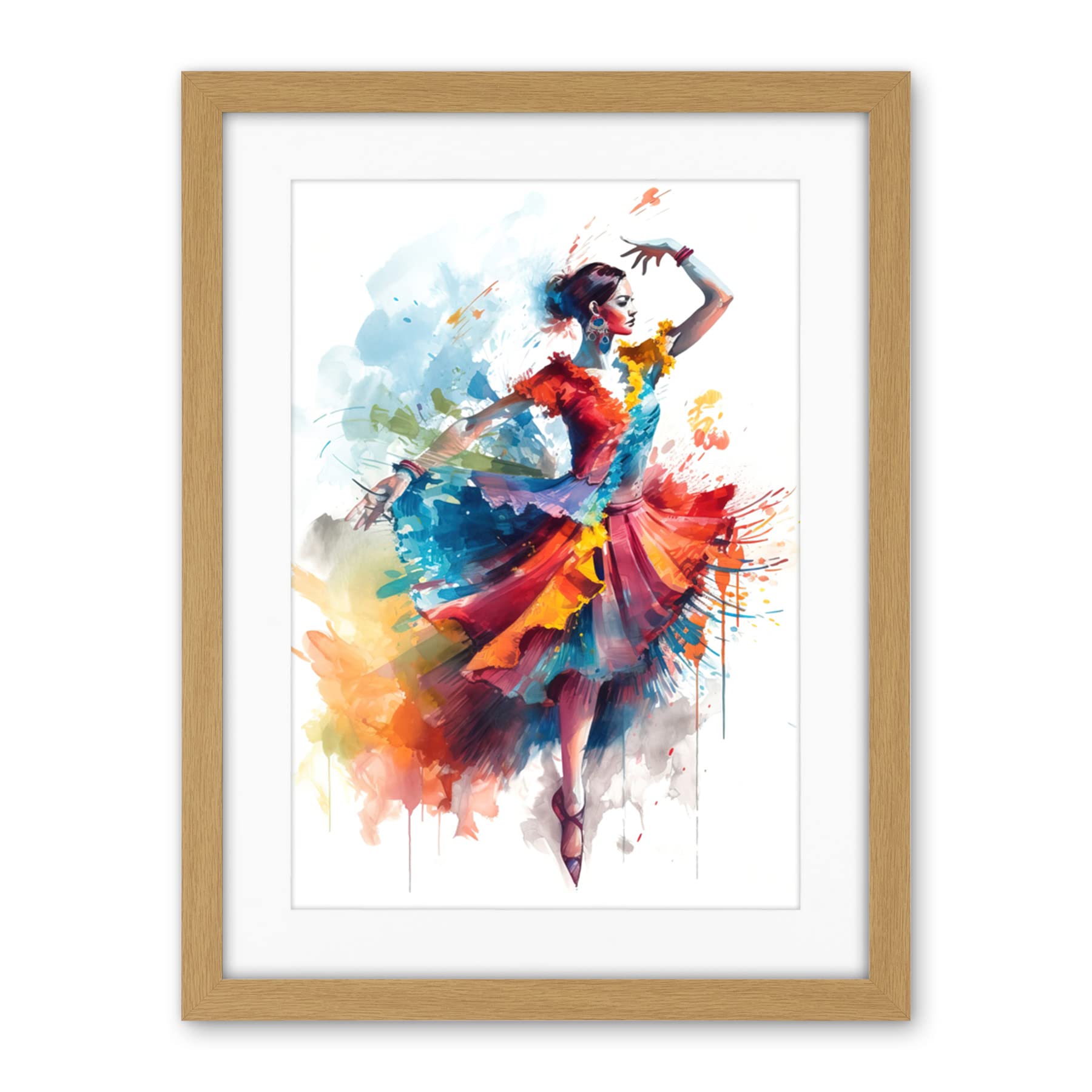 Artery8 Flamenco Dancer in Motion Rainbow Colour Dress Dance Modern Watercolour Painting Artwork Framed Wall Art Print 18X24 Inch