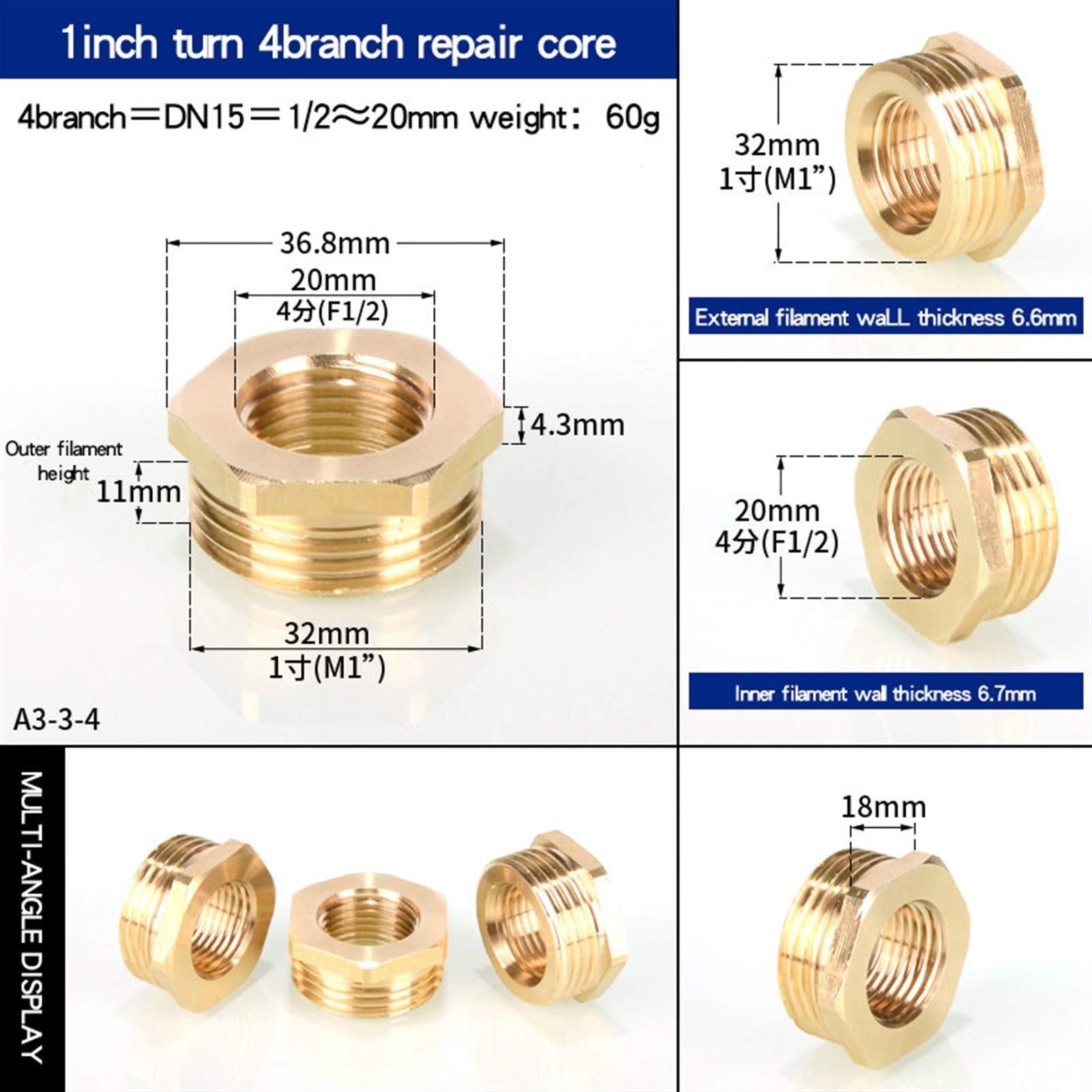 Zkenyao-Brass Connector Copper Inner and Internal Thread Conversion External Thread Copper Connector 1/8’, 1/2’, 1/4‘, 3/4’ to 1 Inch Brass Fittings, Simple to Install (Color : 1 inch Turn 4 Points)