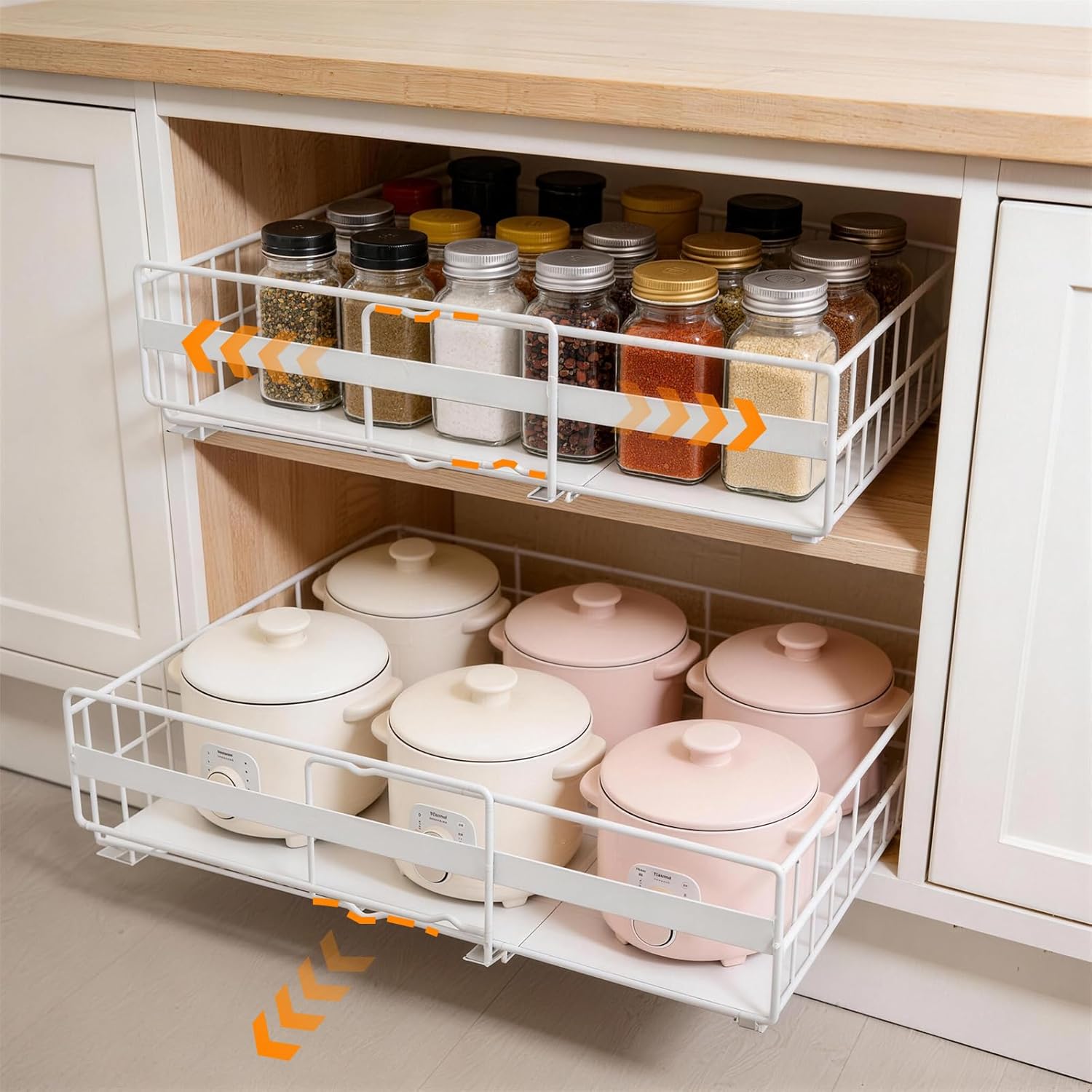 2 Pack Expandable Pull out Cabinet Organizer, Width (13"-21") Depth (16"-26") Pull Out Drawers for Cabinets, Upgrade 3 Slide Rails Slide Out Drawers, No Drill Adjustable Roll Out Shelves (White)