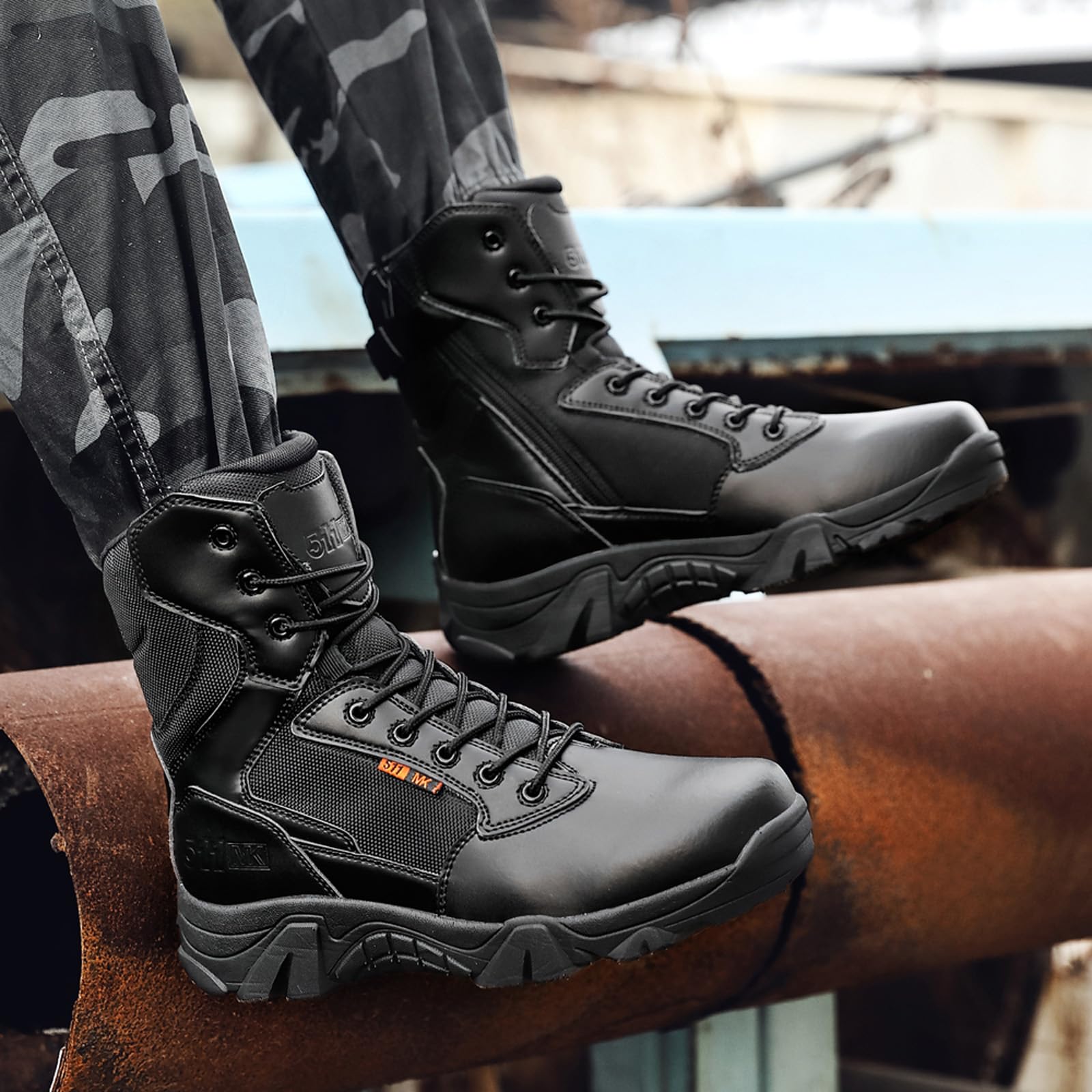 BLBK Bottes militaires imperméables pour homme avec fermeture éclair - En cuir - Pour la randonnée, l'alpinisme, la pêche, la chasse