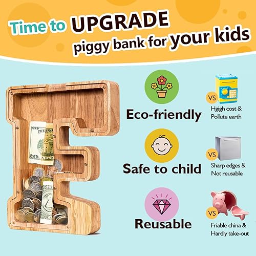 Miniatura 153 de SummiDate Alcancía de madera con nombre, niños y niñas, tamaño grande, letras alfabeto A-Z, monedas y billetes, inicial en cubierta transparente