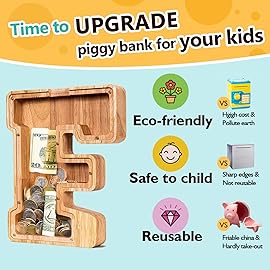 Summidate Customized Name Large Wooden Piggy Bank for Kids Boys Girls Alphabets Letter A-Z Coins Bills Money Change Bank Box Initial on Clear Cover (Laser Engraved) (Alphabet-F, Personalized-9)