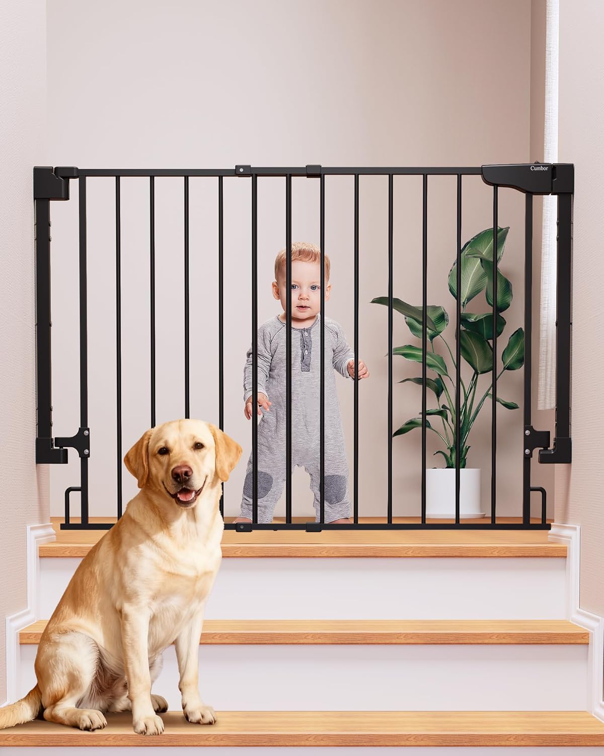 Cumbor 29.2–43 Baby Gate for Stairs, Hardware Mounted (Drill Required), Expandable No Bottom Bar Dog Gate, Auto Close Extra Wide Walk Thru, Pet & Toddler Proof Gate, Top & Bottom of Stairways(Black)