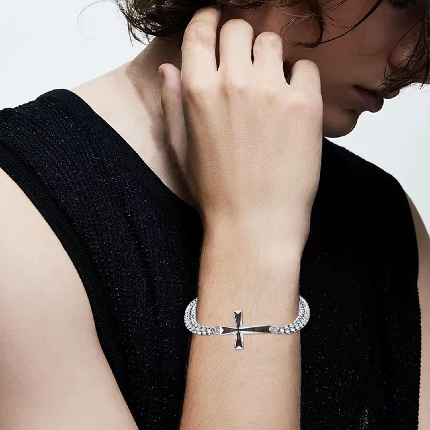 Men Bracelet 925 Sterling Silver Adjustable Memento Mori/Ebony Cross/St. Florian/Santa Muerte/Dragon Link Charm Bracelets Bracelet Gifts for Father Husband Son Birthday Father's Day 7+2 inch