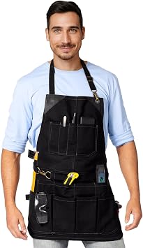 Under NY Sky Tool Black Apron Heavy-Duty Waxed Canvas, Leather Reinforcement, Extra Pockets Adjustable for Men and Women Pro Mechanic, Woodworker, Blacksmith, Plumber, Electrician, Welder Aprons