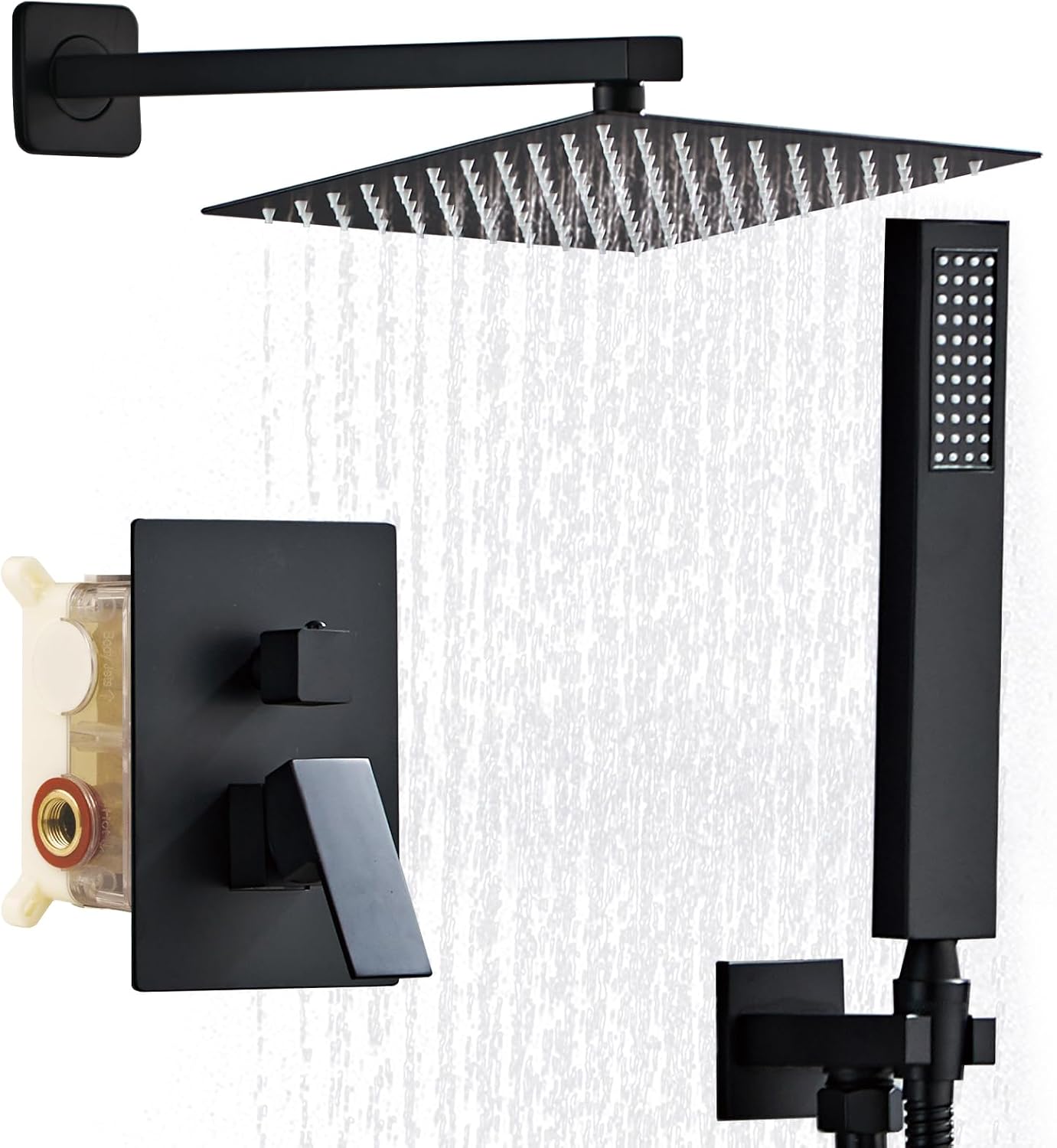 Juego de grifería para ducha SaniteModar, sistema de ducha negro mate de 10 pulgadas | Cabezal de ducha lluvia con mano libre, juego combinado de ducha de alta presión incluye válvula y kit de acabados en latón miniatura 1