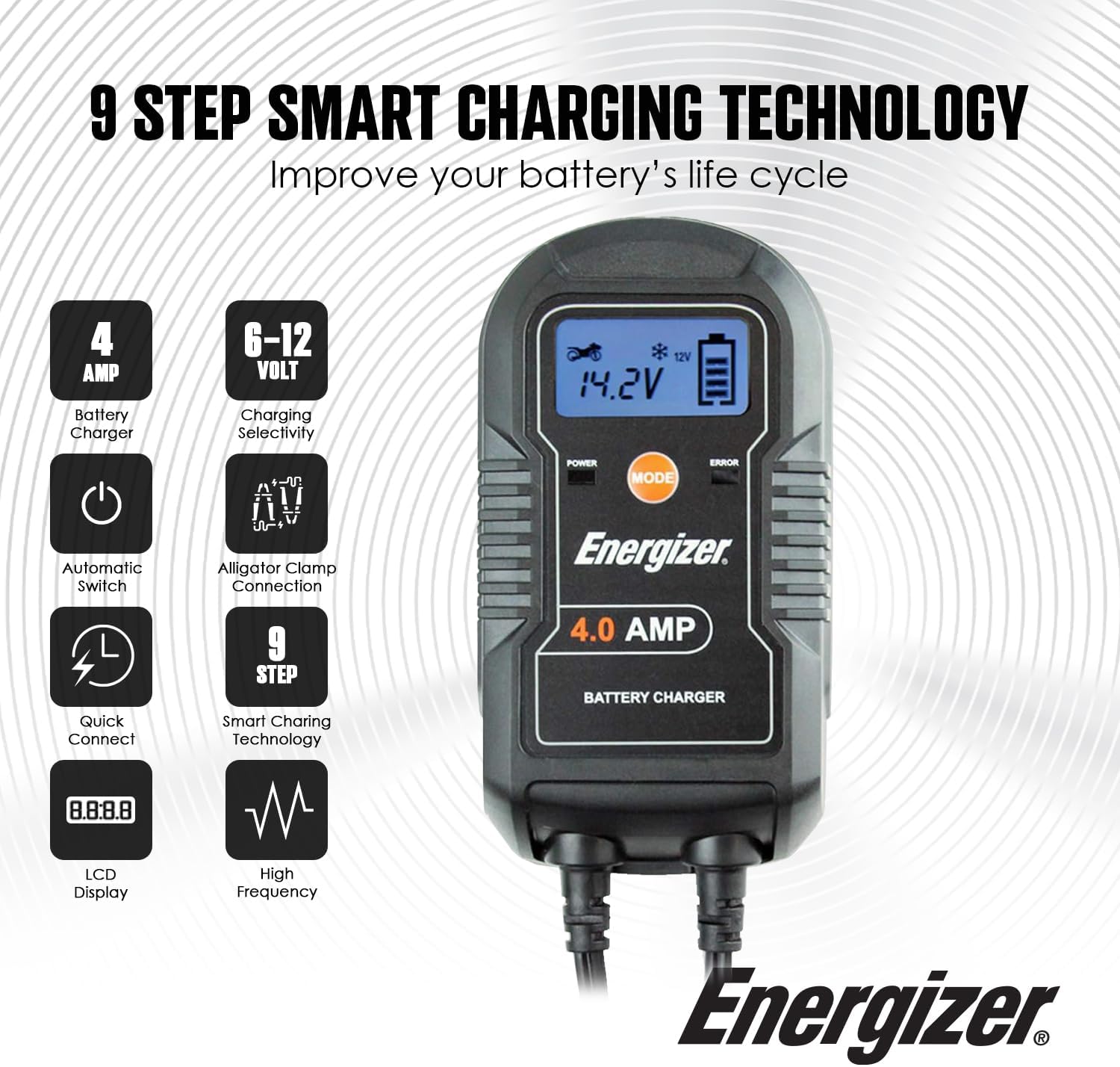 Energizer ENC4A charger highlighting 9-step smart charging technology features