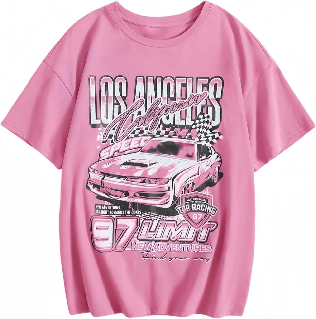 Girl's Car Letter Graphic Print Round Neck Short Sleeve Tee Summer Casual T Shirt