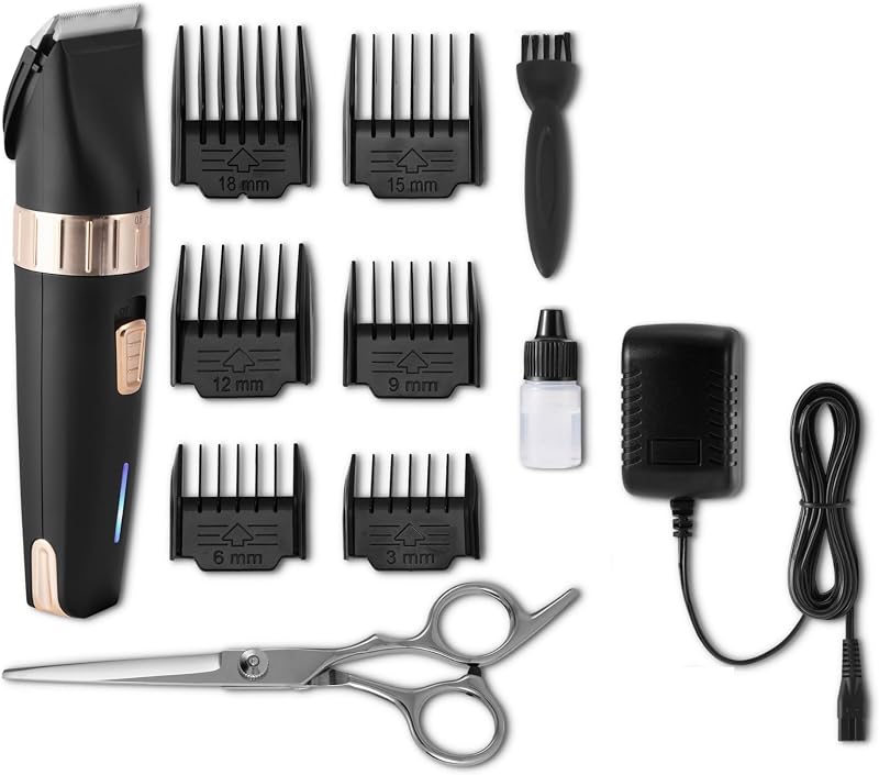 Amazon Basics Cortapelos para perros, kit de aseo para mascotas inalámbrico, recargable, de bajo ruido, con 6 tamaños de peine para perros y gatos, color negro