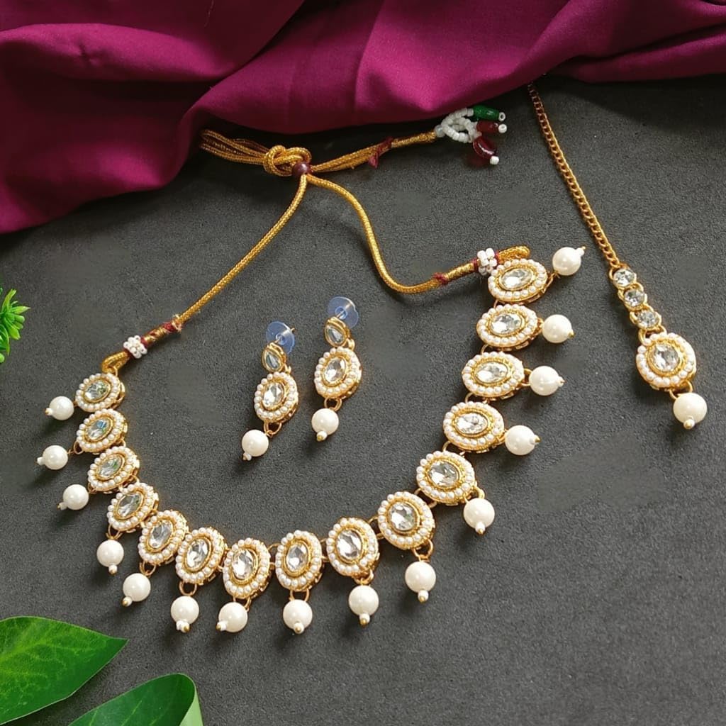 Efulgenz Crystal Kundan Choker Sets for Women Indian Jewelry Crystal Faux Pearl Beads Necklace Earrings Maang Tikka Head Chain Bollywood Wedding Bridal Set Jewellery - Image 2